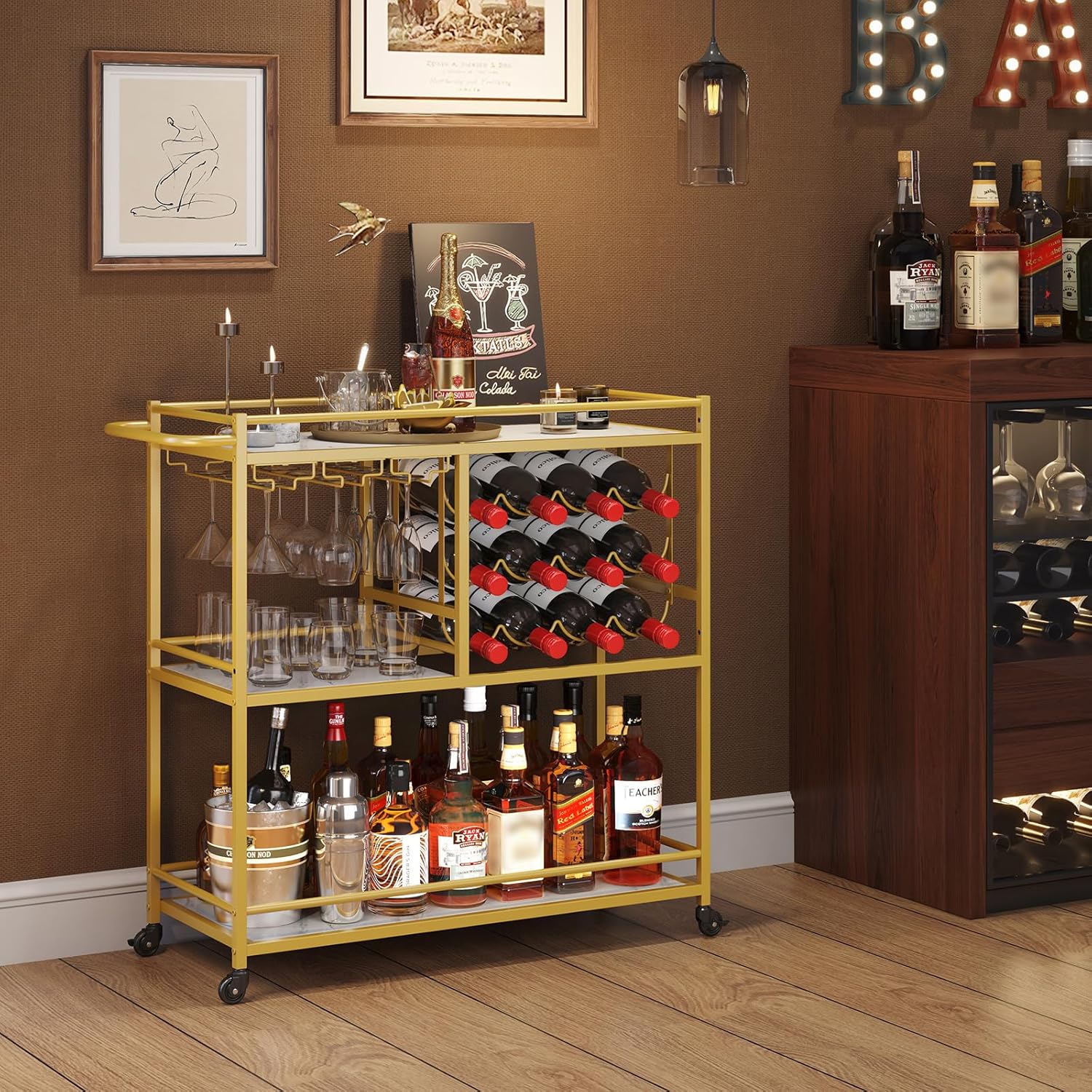 Lifewit Bar Cart for The Home, 3 Tier Drink Cart with Lockable Wheels, 12 Wine Rack and 3 Rows Glass Holders, Liquor Serving Cart for Livingroom, 80 x 33.2 x 86 cm/31.6 x 13.1 x 33.9 inch Gold