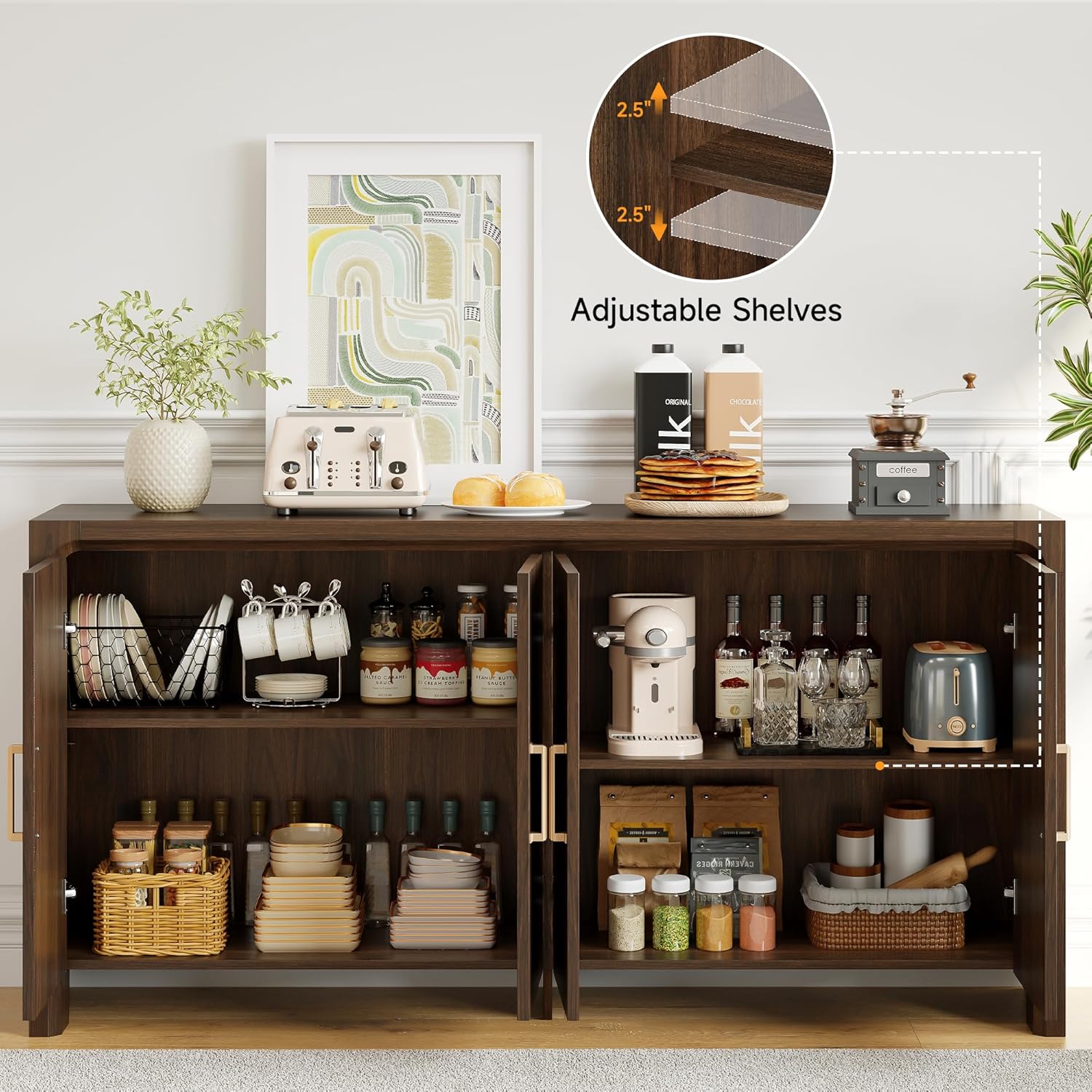 ONBRILL 63" Buffet Cabinet with 4 Doors and Adjustable Shelves, Sideboard Buffet Cabinet with Storage, Wood Kitchen Console Table, Modern Coffee Bar for Kitchen, Living Room, Hallway (Walnut)