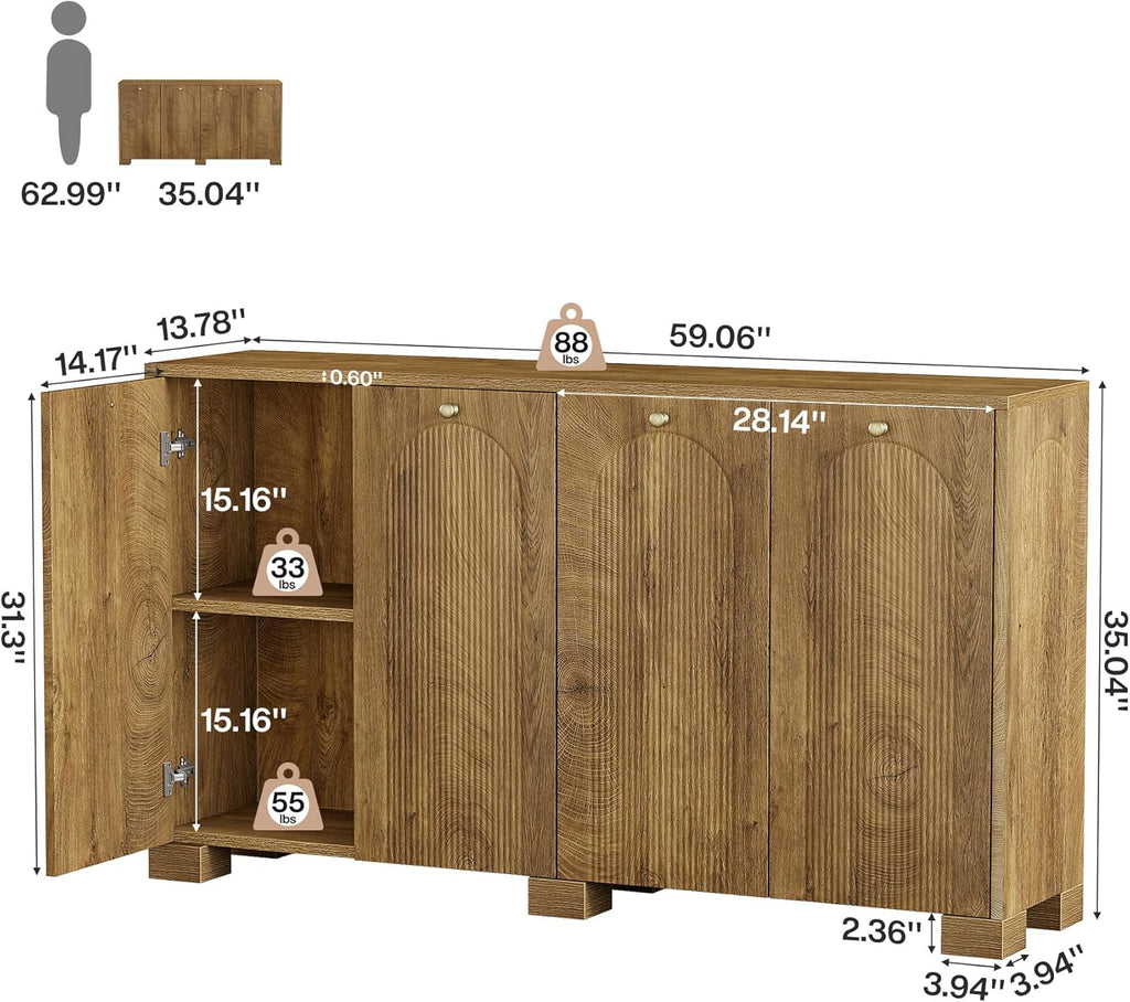 Tribesigns Sideboard Buffet Cabinet with Storage, 59" Fluted Buffet Table with 4 Arc Doors & Shelves, Farmhouse Coffee Bar Accent Storage Cabinet for Kitchen, Dining Room, Living Room, Natural Brown