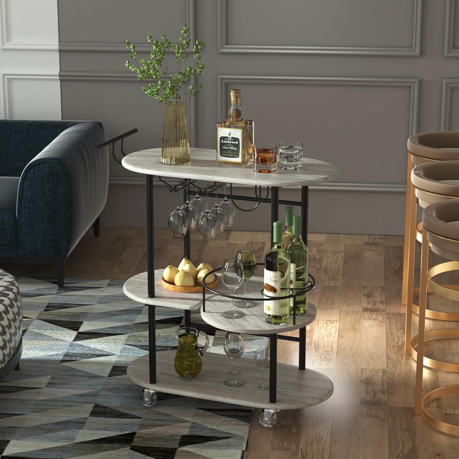 Gold Bar Carts with 4-Tier Storage Shelves, Mobile Bar Serving Cart with Wine Rack and Glass Holder, for The Home, Kitchen, Living Room, Dining Room