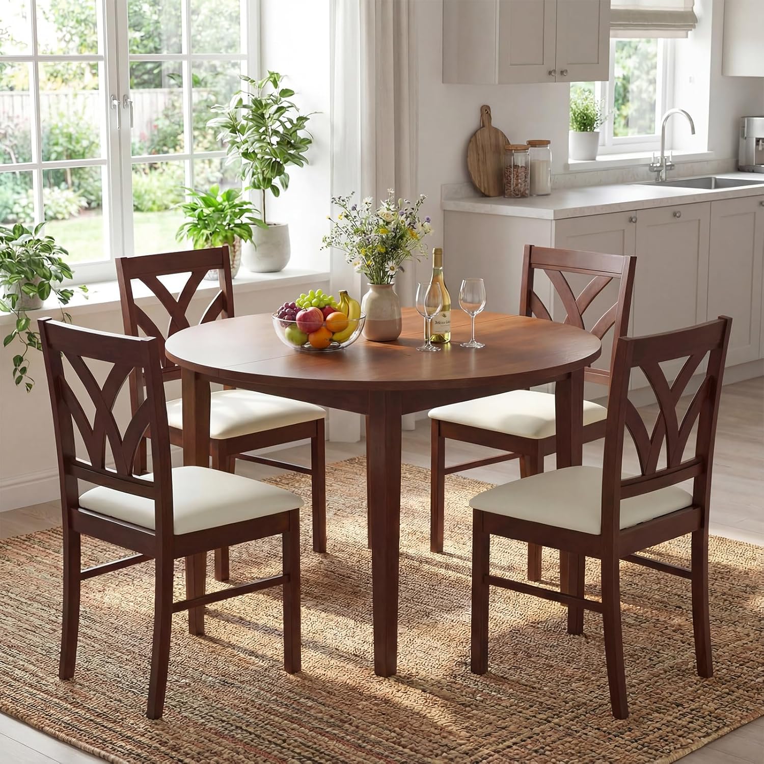 Giantex Wooden Dining Chairs Set of 4, Farmhouse Upholstered Kitchen Chairs with Solid Rubber Wood Frame, Hollowed Backrest & Soft Padded Seat, Armless Accent Side Chairs for Dining Room, Brown