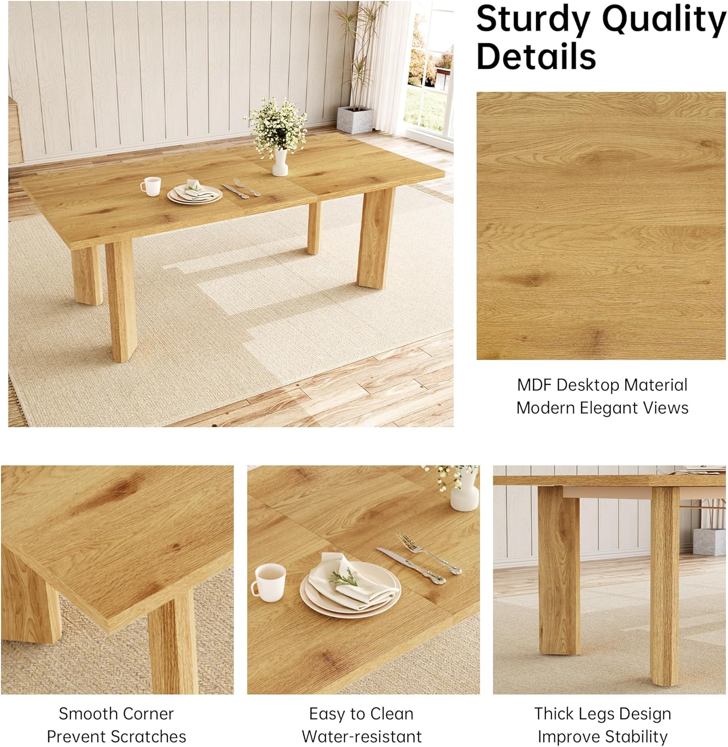 Extendable Dining Table for 6-8 People, 63 to 78.7 Inch Rectangular MDF Table, Farmhouse Rustic Style, Space-Saving Design for Dining Room, Kitchen, Meeting