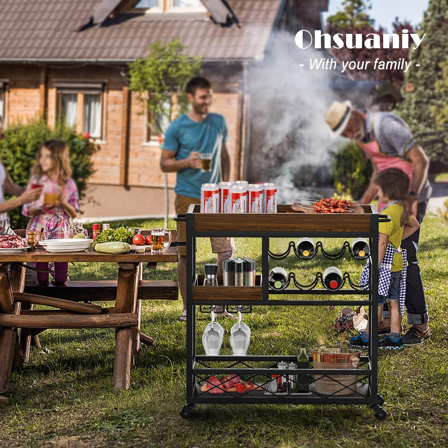 Bar Cart Industrial Mobile Kitchen Serving Carts for Home 3 Tier Storage Trolley with Wine Rack Glasses Holder Two Portable Trays Universal Casters with Brakes Rustic Rolling Cart for Indoor Outdoor