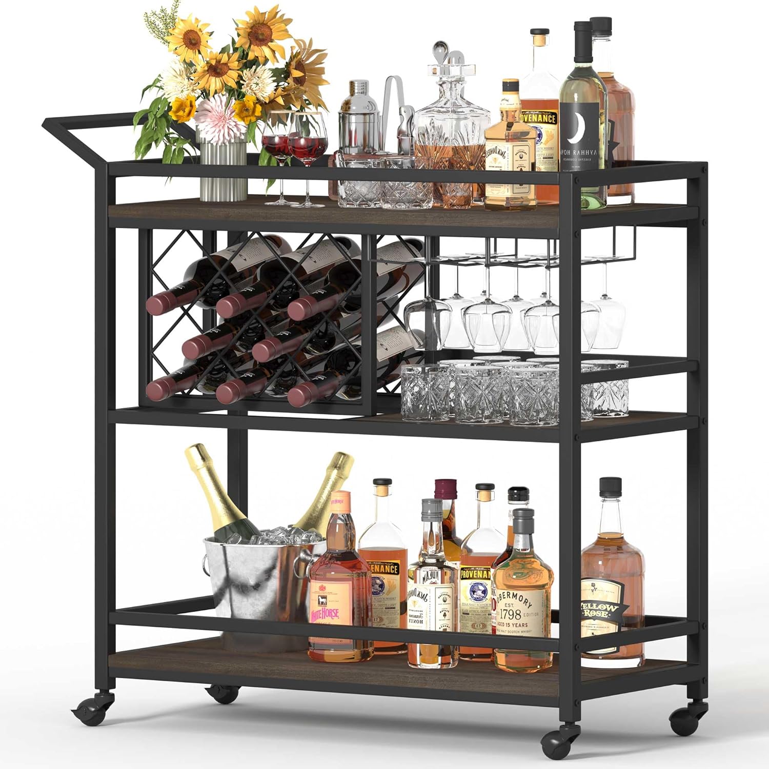 FATORRI Bar Cart for The Home with Wine Rack and Glasses Holder, Small Home Bar Serving Cart on Wheels for Liquor and Alcohol (Walnut Brown)
