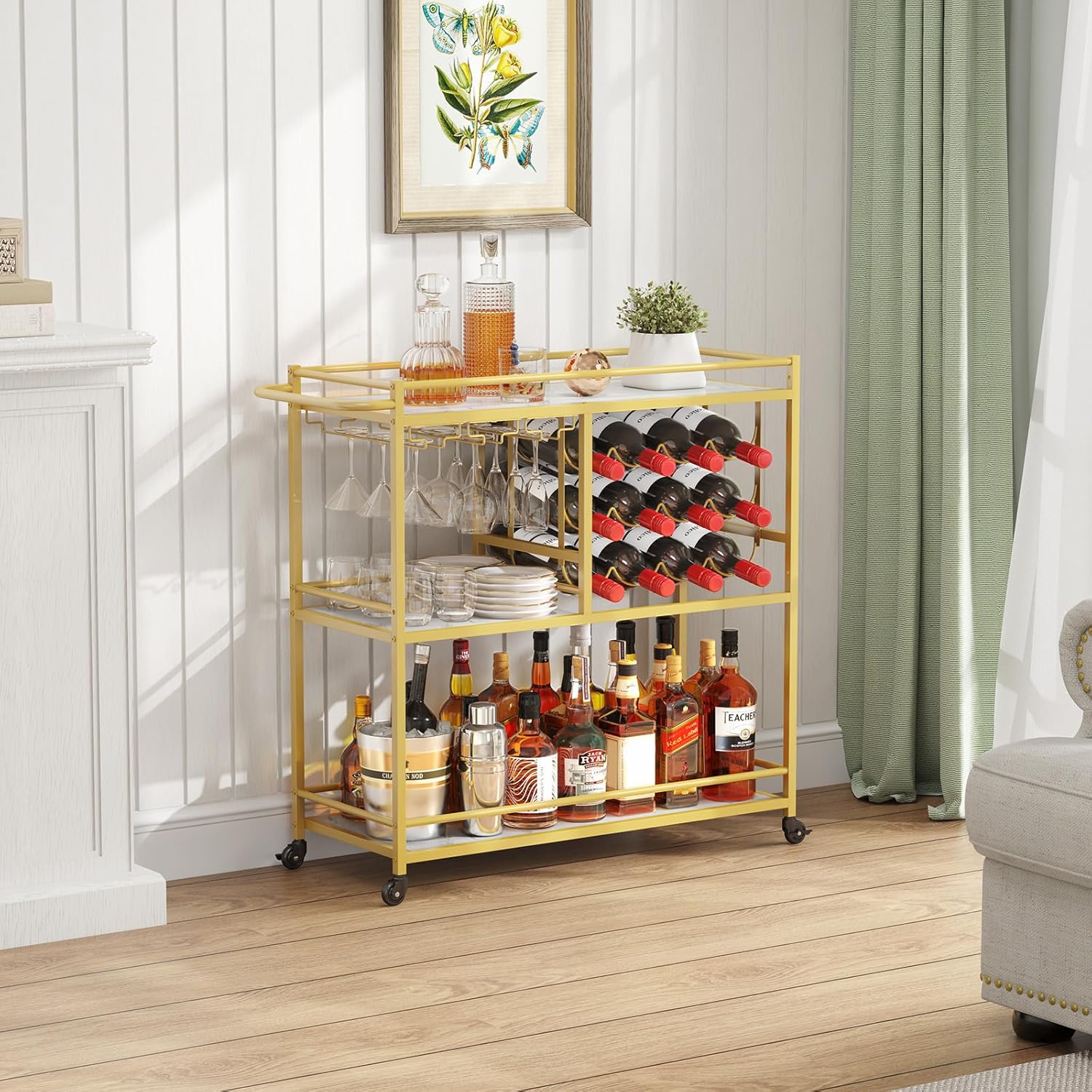 Lifewit Bar Cart for The Home, 3 Tier Drink Cart with Lockable Wheels, 12 Wine Rack and 3 Rows Glass Holders, Liquor Serving Cart for Livingroom, 80 x 33.2 x 86 cm/31.6 x 13.1 x 33.9 inch Gold