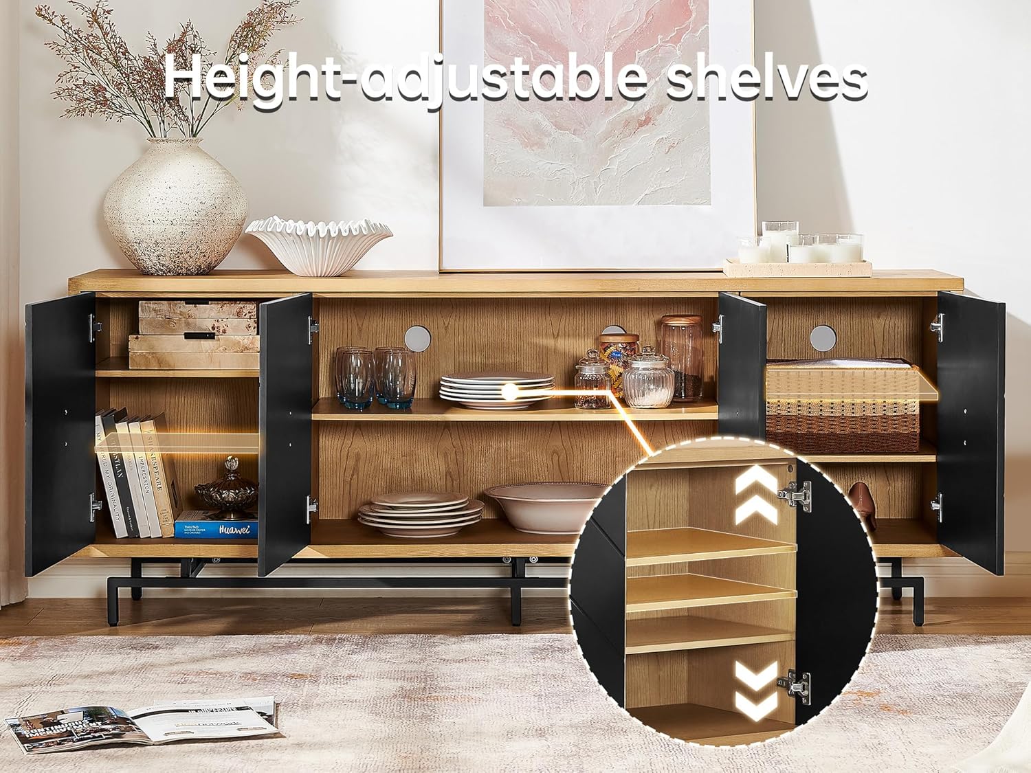 Morden Fort 74'' Modern Diamond-Cut Sideboard Buffet Cabinet | Sculptural Geometric Credenza with 150 LBS Heavy-Duty Storage | Natural Wood Look Console for Dining Room & Living Room.