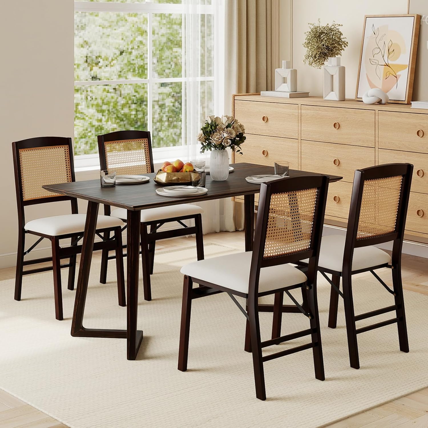 KOTEK Folding Dining Chairs Set of 4, Wooden Kitchen Chairs with Padded Seat & Rattan Backrest, Foldable Armless Side Chairs for Dining Room, Living Room (Espresso & Beige)