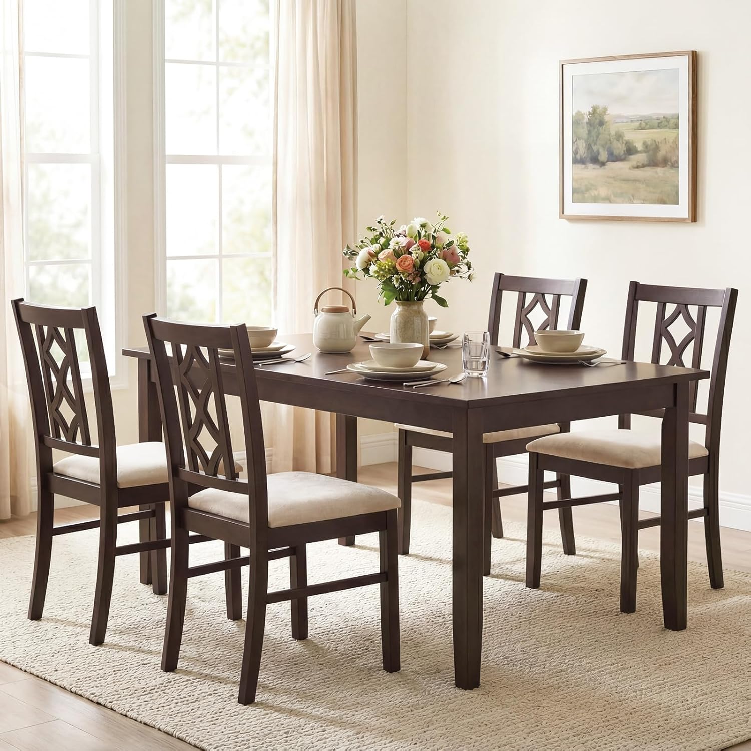 Giantex Dining Chairs Set of 4, Rubber Wood Dining Room Chairs with Hollowed Backrest & Padded Seat, Farmhouse Side Chairs for Living Room Kitchen, Walnut