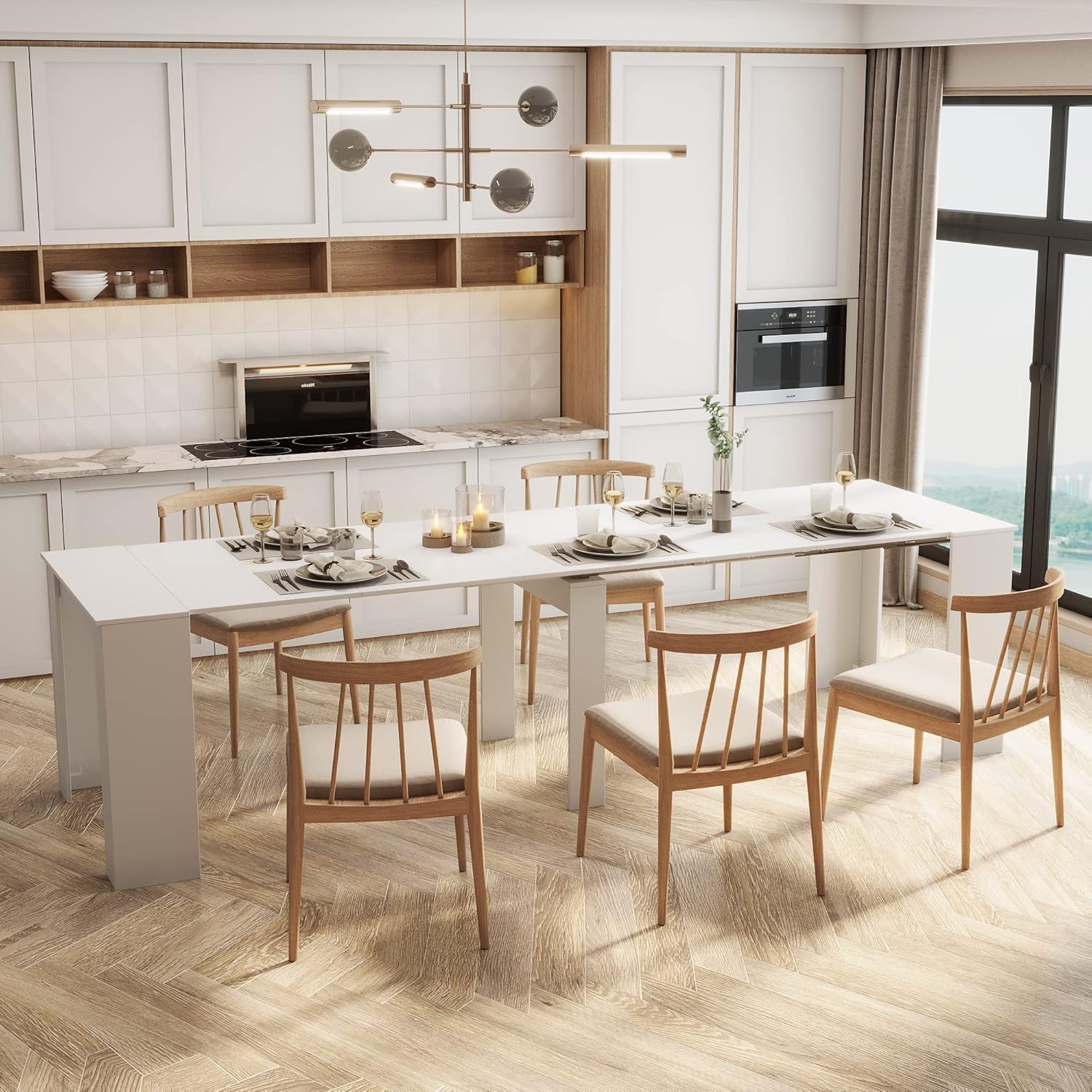 DMAITH 20"-118" Extendable Dining Table for 2-12 People, Modern Modular Extension Table, Space-Saving Extra Long Folding Dining Table, Multifunctional Conference Meeting Table, Walnut