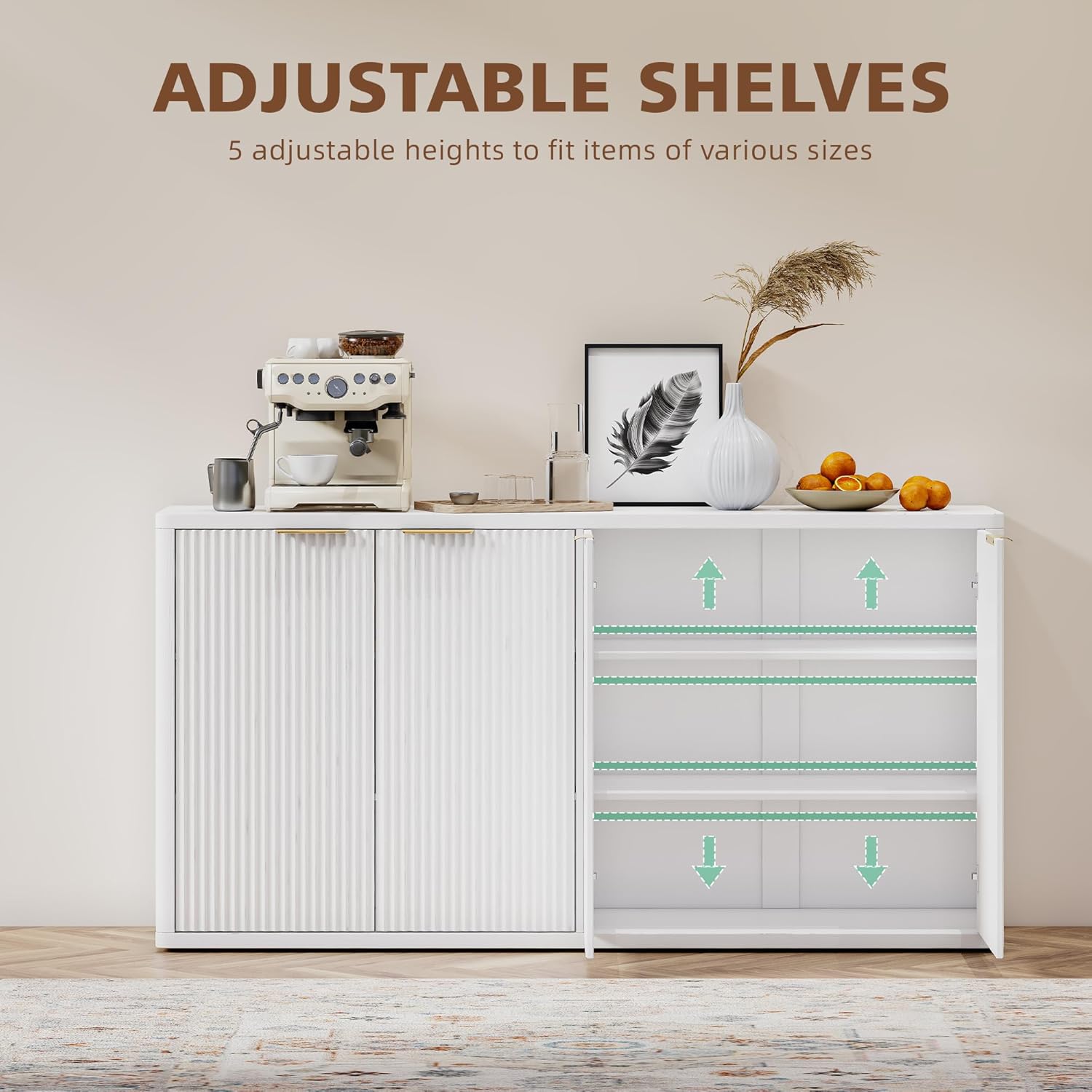 66'' Buffet Cabinet with Metal Handles,4 Doors,Adjustable Shelves,White Large Credenza Storage Cabinet Modern Fluted Sideboard for Dining Room Living Room Kitchen Hallway