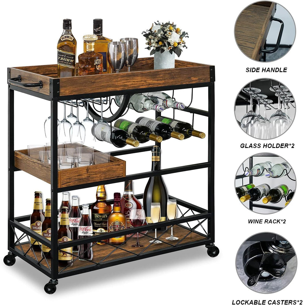 Bar Cart for The Home, 3 Tire Industrial Rolling Serving Cart on Lockable Wheels, Alcoholic Beverage Trolley with 2 Removable Trays, Wine Rack and Glass Holder for Indoor, Outdoor
