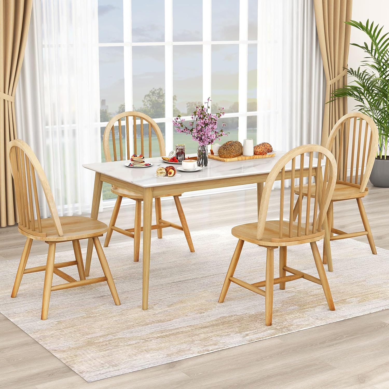Safeplus 18" Oak Dining Chairs Set of 4, Wood Windsor Chair with Spindle Back for Country Farmhouse Kitchen Island