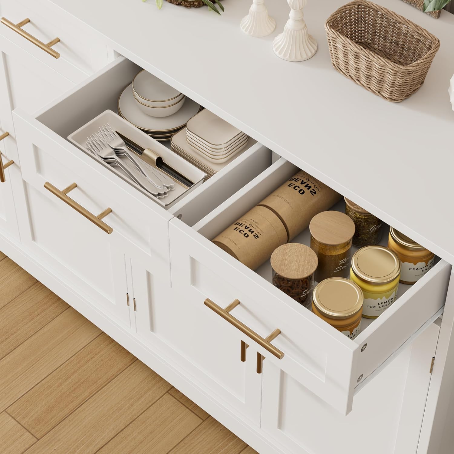 HOSTACK 60" Large Buffet Sideboard with Storage, 36" Tall Kitchen Buffet Storage Cabinet with 4 Drawers, Modern Coffee Bar Cabinet with Gold Handles, Long Sideboard Buffet Table for Kichen, White