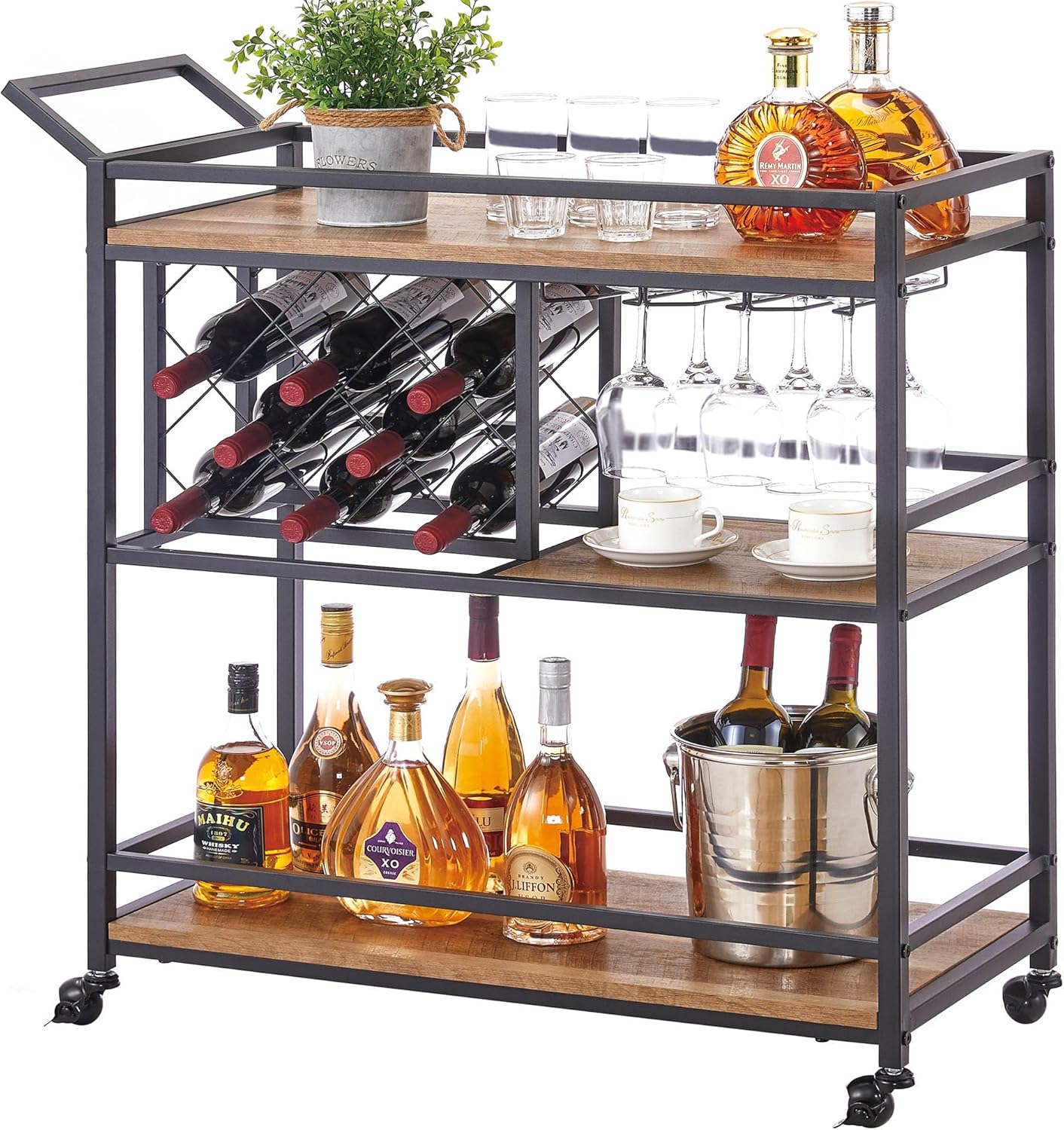 FATORRI Bar Cart for The Home with Wine Rack and Glasses Holder, Small Home Bar Serving Cart on Wheels for Liquor and Alcohol (Walnut Brown)