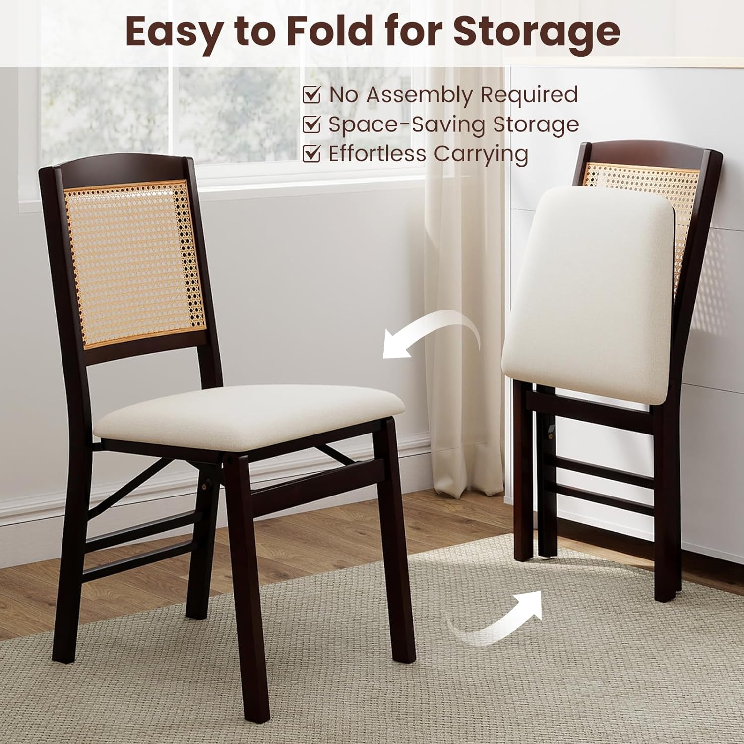 KOTEK Folding Dining Chairs Set of 4, Wooden Kitchen Chairs with Padded Seat & Rattan Backrest, Foldable Armless Side Chairs for Dining Room, Living Room (Espresso & Beige)