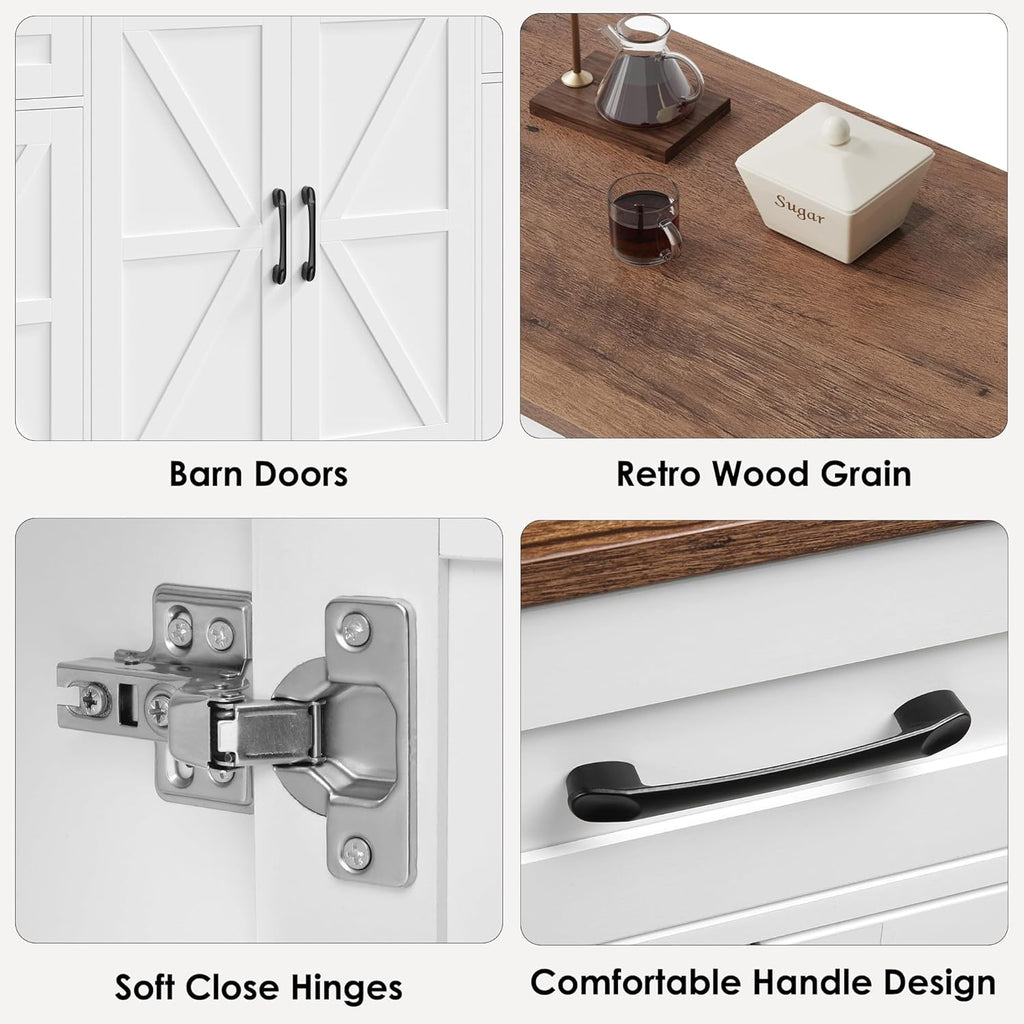 71” Large Sideboard Buffet Cabinet with Storage, Farmhouse Kitchen Buffet Cabinet with Adjustable Shelves and 6 Barn Doors, Wood Coffee Wine Bar Console Table for Kitchen, Dining Room, White