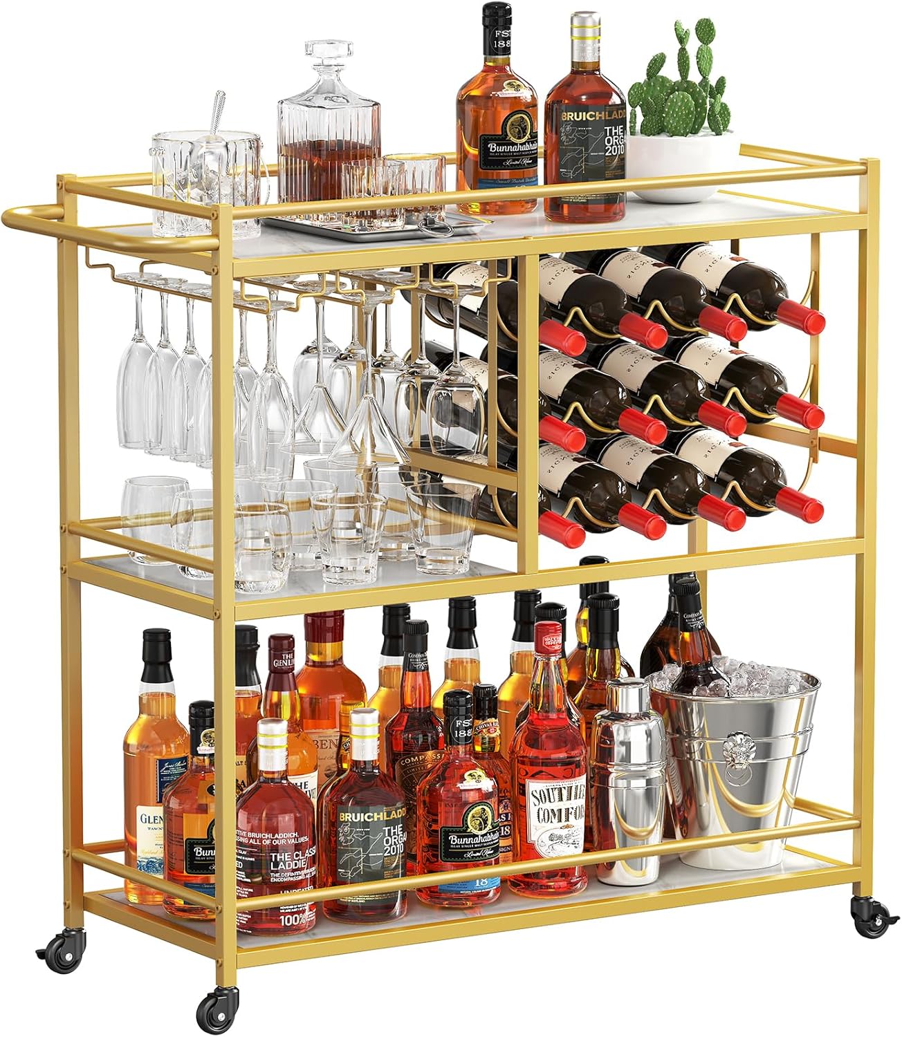 Lifewit Bar Cart for The Home, 3 Tier Drink Cart with Lockable Wheels, 12 Wine Rack and 3 Rows Glass Holders, Liquor Serving Cart for Livingroom, 80 x 33.2 x 86 cm/31.6 x 13.1 x 33.9 inch Gold