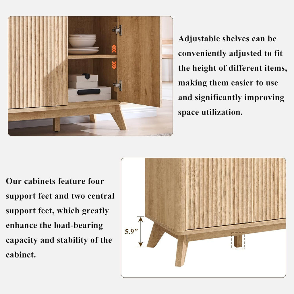 T4TREAM Large Buffet Sideboard Cabinet with Storages, 60" Fluted Modern Buffet Table Coffee Bar Wine Bar Storage Cabinet with 3 Drawers & 4 Doors for Dining Room, Living Room, Hallway(Natural Oak) | with Storages, Coffee Bar, Wine Bar, Storage Cabinet, 3