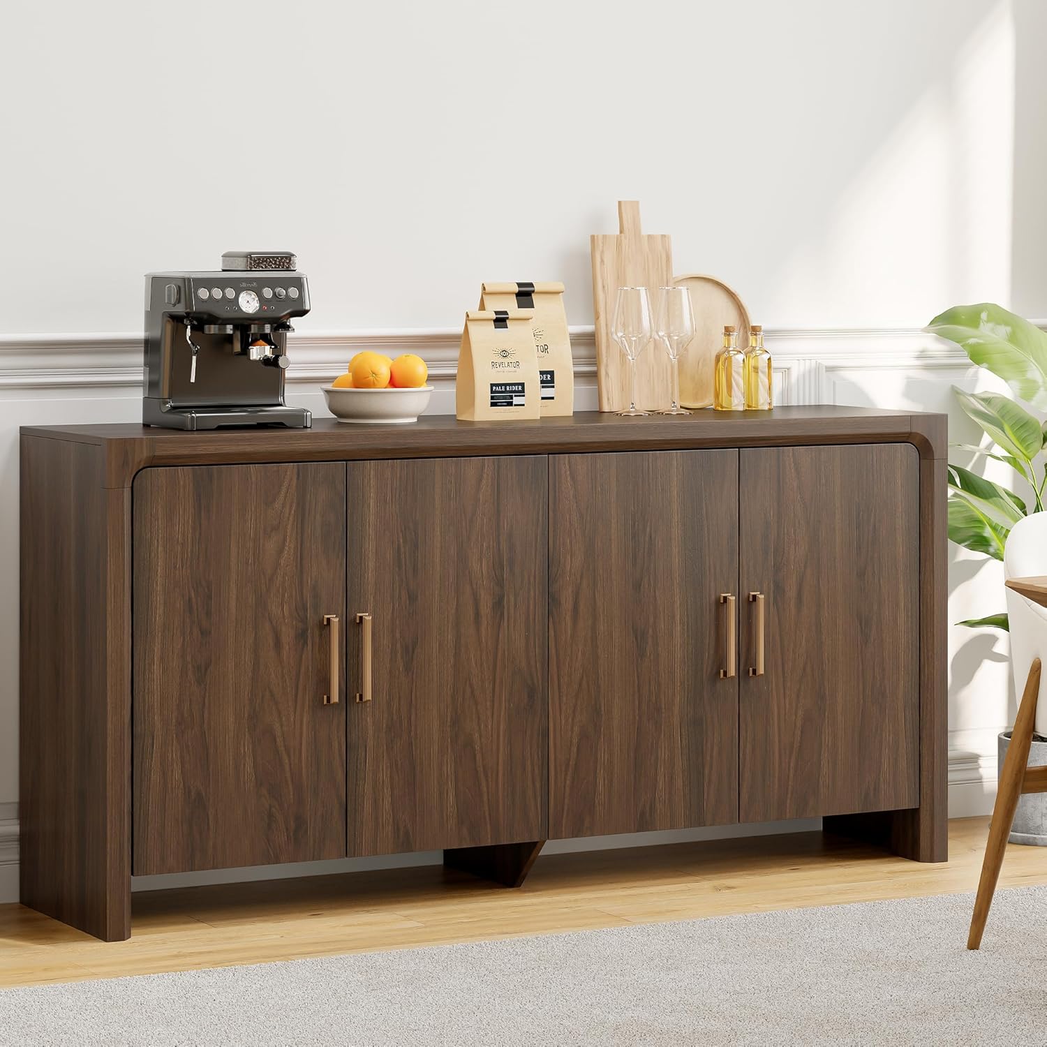 ONBRILL 63" Buffet Cabinet with 4 Doors and Adjustable Shelves, Sideboard Buffet Cabinet with Storage, Wood Kitchen Console Table, Modern Coffee Bar for Kitchen, Living Room, Hallway (Walnut)