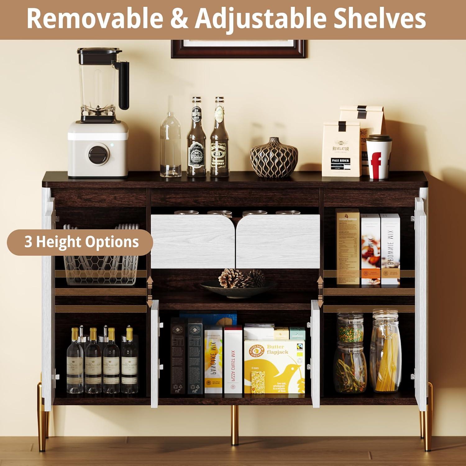 LIKIMIO Sideboard Buffet Cabinet with Storage, Mid-Century Modern Coffee Bar with Drawer, Adjustable Shelves and Doors, Wood Storage Cabinet for Kitchen or Entryway