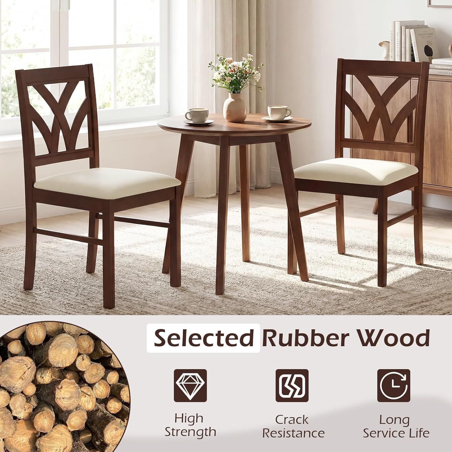 Giantex Wooden Dining Chairs Set of 4, Farmhouse Upholstered Kitchen Chairs with Solid Rubber Wood Frame, Hollowed Backrest & Soft Padded Seat, Armless Accent Side Chairs for Dining Room, Brown