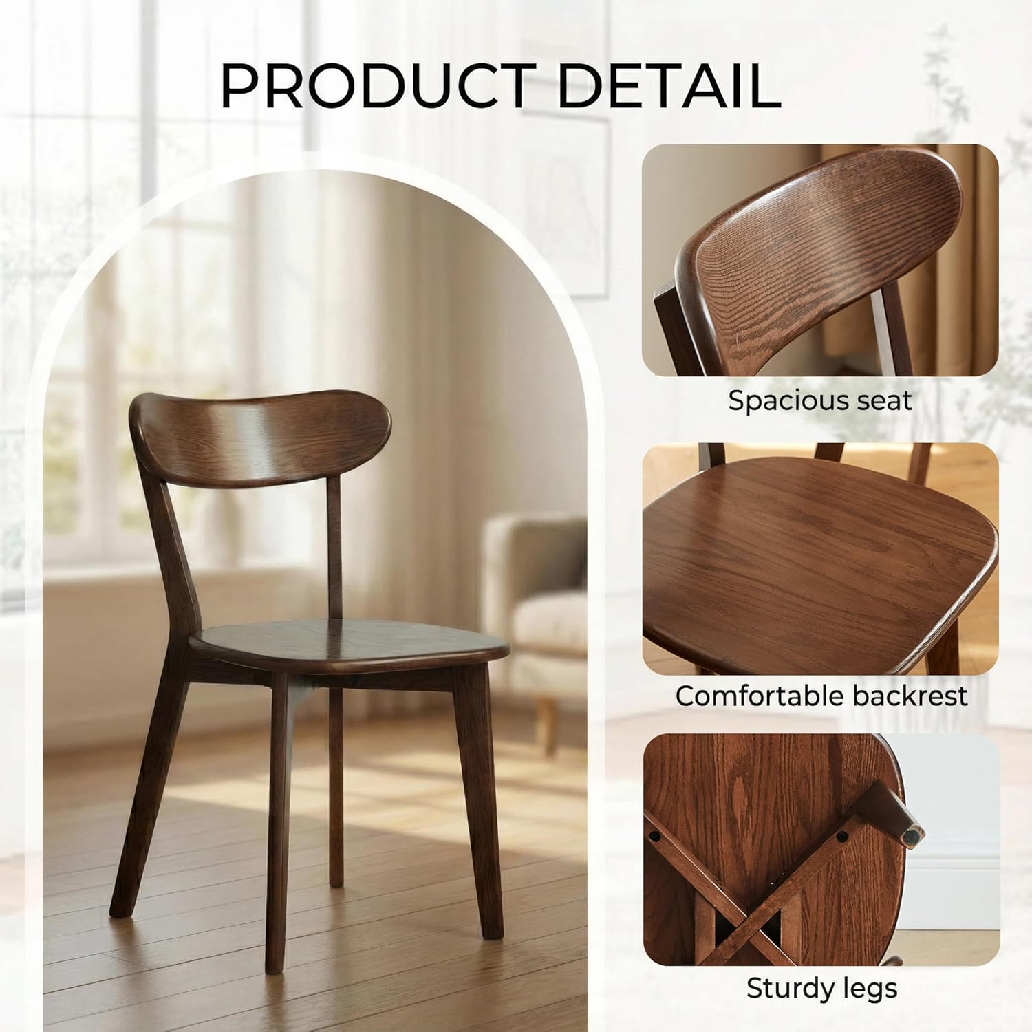 100% Solid Wood Dining Chairs,Mid Century Modern Dining Chairs with Rounded Backrest,Kitchen,Dining Room Chairs Set of 1/2/4 (4, Walnut Color)