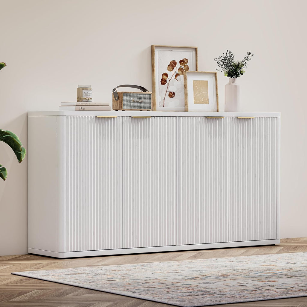 66'' Buffet Cabinet with Metal Handles,4 Doors,Adjustable Shelves,White Large Credenza Storage Cabinet Modern Fluted Sideboard for Dining Room Living Room Kitchen Hallway