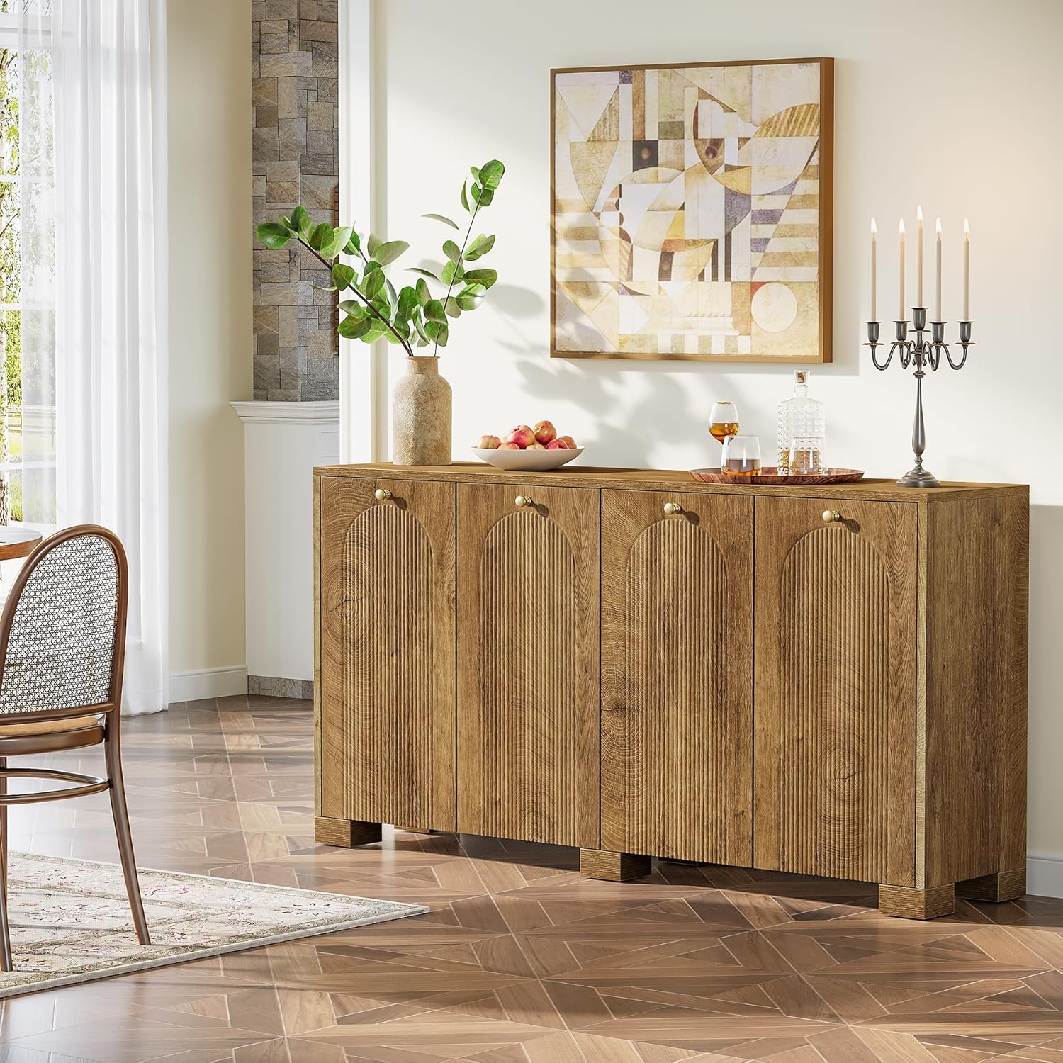 Tribesigns Sideboard Buffet Cabinet with Storage, 59" Fluted Buffet Table with 4 Arc Doors & Shelves, Farmhouse Coffee Bar Accent Storage Cabinet for Kitchen, Dining Room, Living Room, Natural Brown