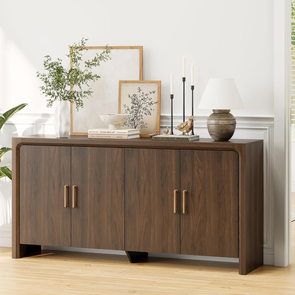 ONBRILL 63" Buffet Cabinet with 4 Doors and Adjustable Shelves, Sideboard Buffet Cabinet with Storage, Wood Kitchen Console Table, Modern Coffee Bar for Kitchen, Living Room, Hallway (Walnut)