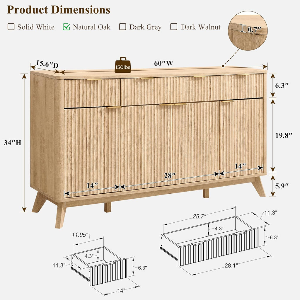 T4TREAM Large Buffet Sideboard Cabinet with Storages, 60" Fluted Modern Buffet Table Coffee Bar Wine Bar Storage Cabinet with 3 Drawers & 4 Doors for Dining Room, Living Room, Hallway(Natural Oak) | with Storages, Coffee Bar, Wine Bar, Storage Cabinet, 3