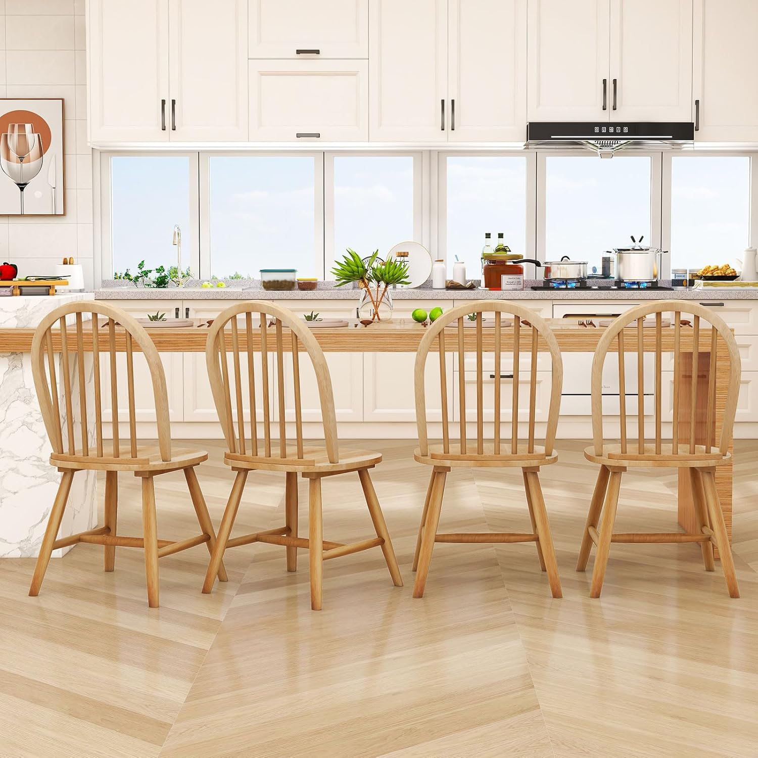 Safeplus 18" Oak Dining Chairs Set of 4, Wood Windsor Chair with Spindle Back for Country Farmhouse Kitchen Island