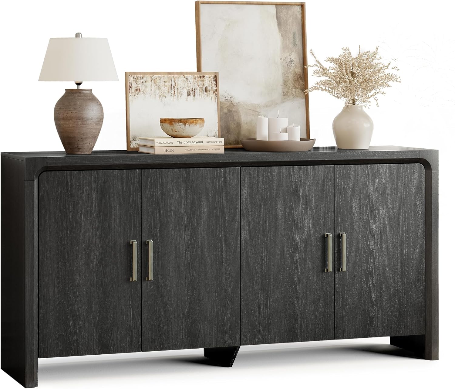 ONBRILL 63" Buffet Cabinet with 4 Doors and Adjustable Shelves, Sideboard Buffet Cabinet with Storage, Wood Kitchen Console Table, Modern Coffee Bar for Kitchen, Living Room, Hallway (Walnut)