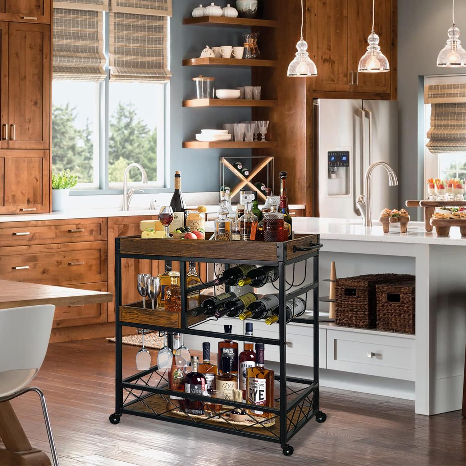 Bar Cart Industrial Mobile Kitchen Serving Carts for Home 3 Tier Storage Trolley with Wine Rack Glasses Holder Two Portable Trays Universal Casters with Brakes Rustic Rolling Cart for Indoor Outdoor