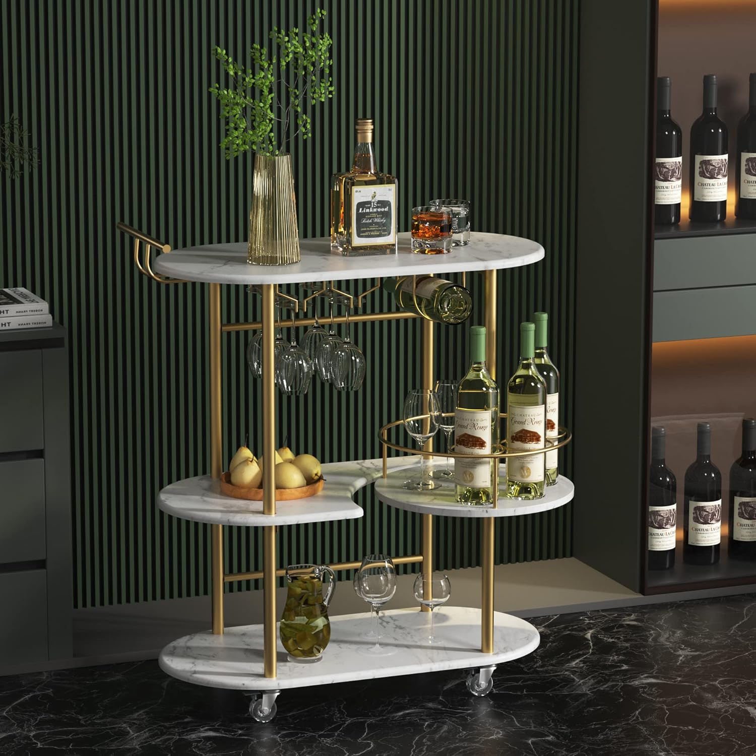 Gold Bar Carts with 4-Tier Storage Shelves, Mobile Bar Serving Cart with Wine Rack and Glass Holder, for The Home, Kitchen, Living Room, Dining Room
