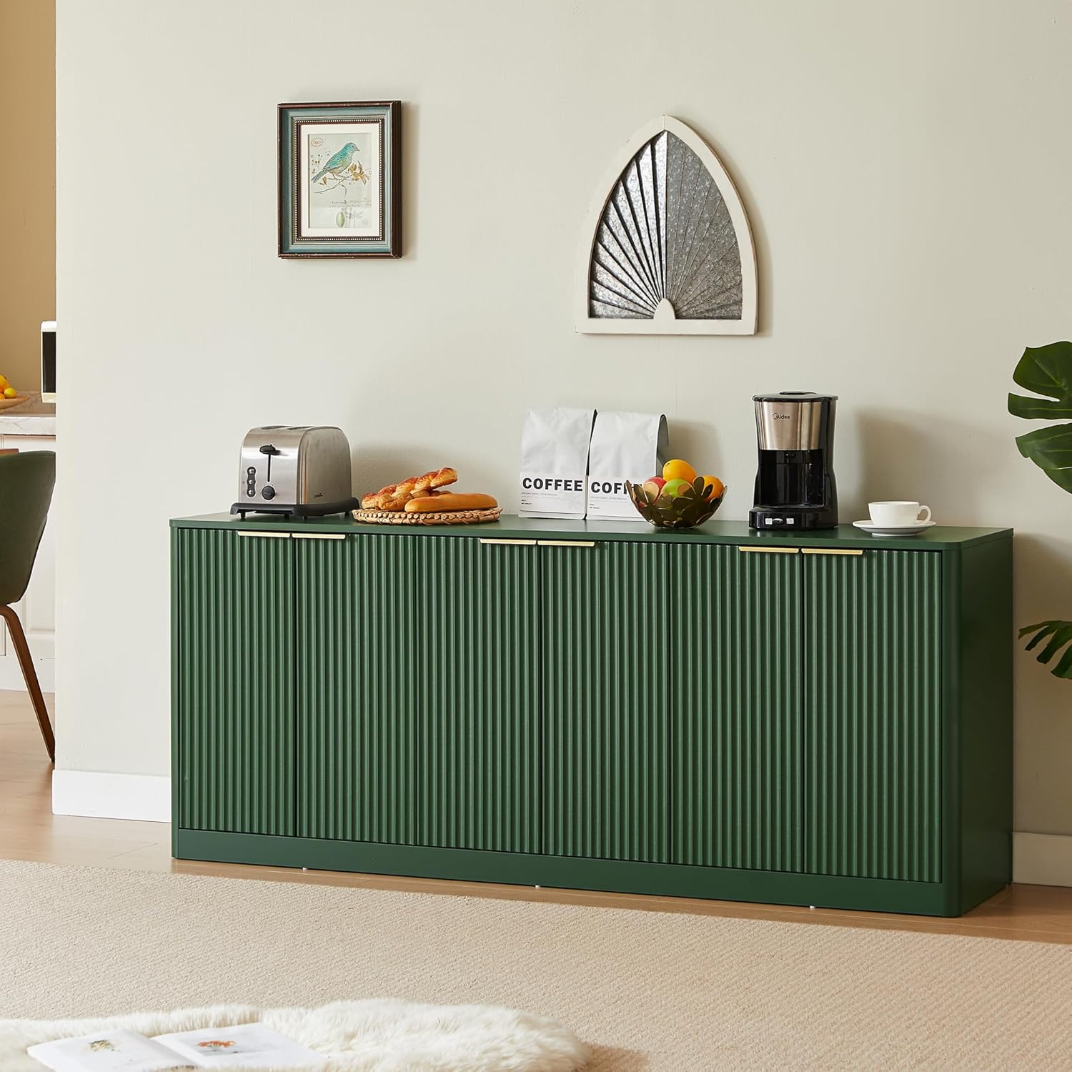 LKTART Sideboard Buffet Cabinet with Storage, 67" Fluted Storage Cabinet with 6 Doors, Wooden Modern Mid Century Accent Sideboard, Floor Cabinet Buffet for Living Room, Kitchen(Green)