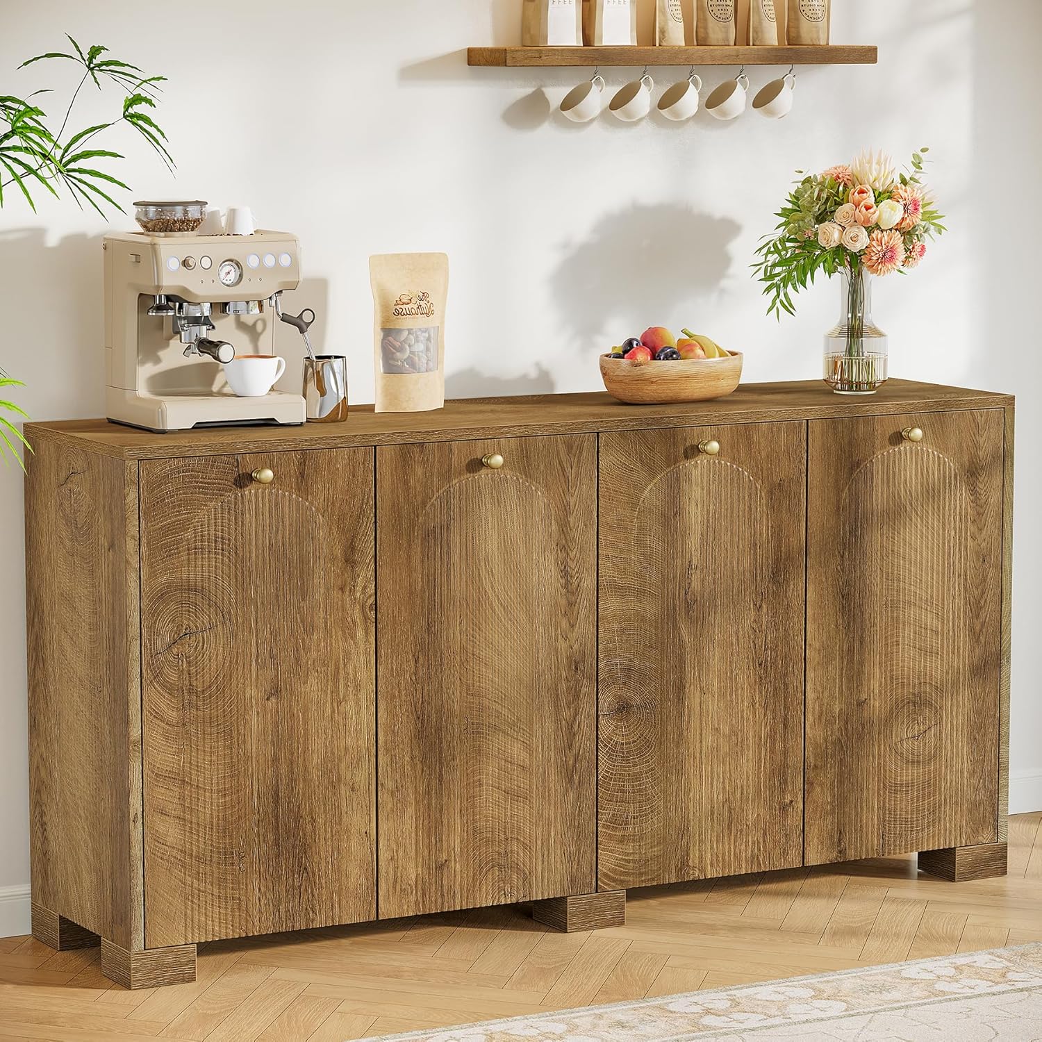 Tribesigns Sideboard Buffet Cabinet with Storage, 59" Fluted Buffet Table with 4 Arc Doors & Shelves, Farmhouse Coffee Bar Accent Storage Cabinet for Kitchen, Dining Room, Living Room, Natural Brown