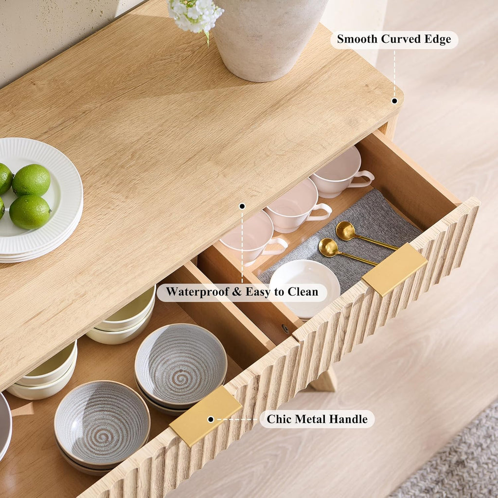 T4TREAM Large Buffet Sideboard Cabinet with Storages, 60" Fluted Modern Buffet Table Coffee Bar Wine Bar Storage Cabinet with 3 Drawers & 4 Doors for Dining Room, Living Room, Hallway(Natural Oak) | with Storages, Coffee Bar, Wine Bar, Storage Cabinet, 3