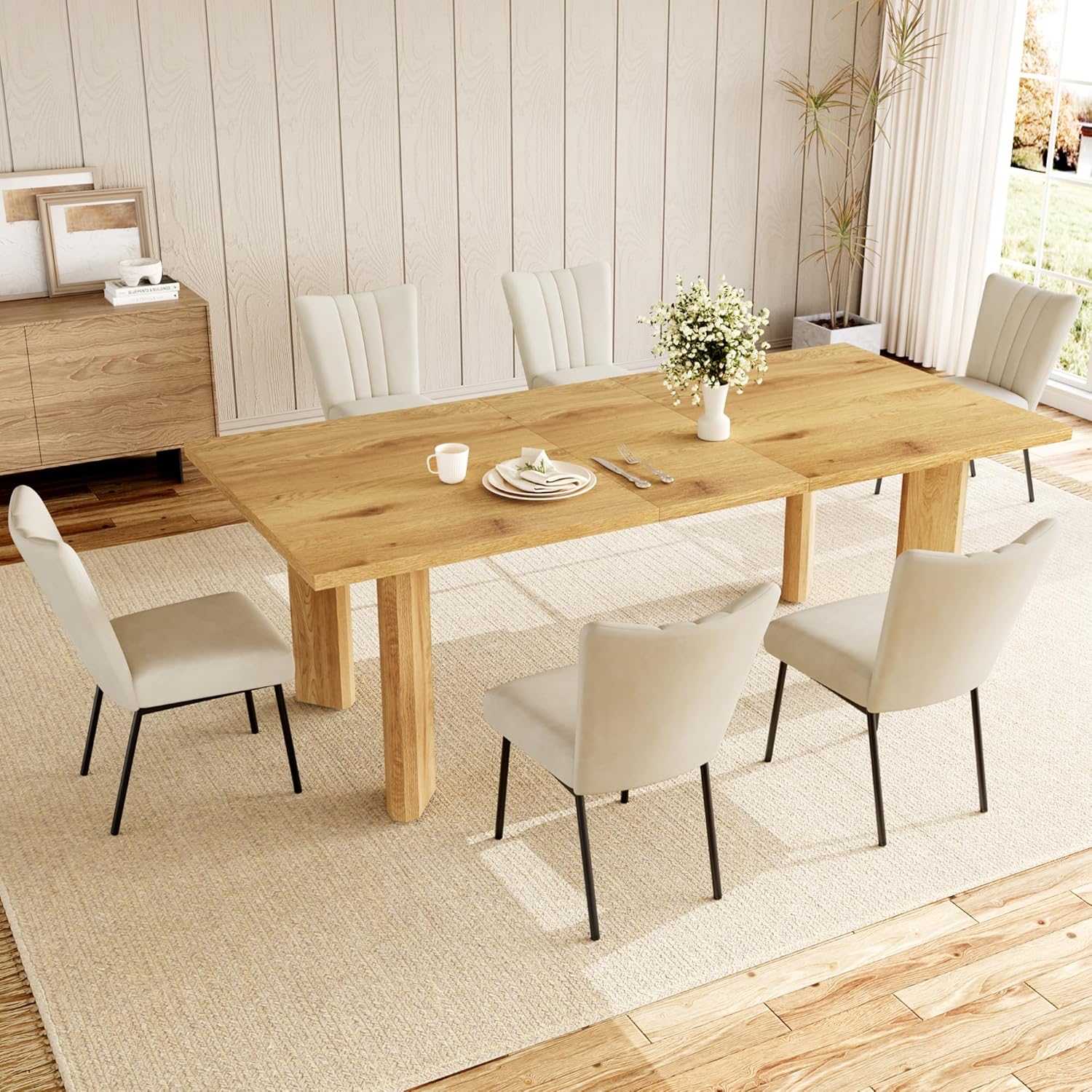 Extendable Dining Table for 6-8 People, 63 to 78.7 Inch Rectangular MDF Table, Farmhouse Rustic Style, Space-Saving Design for Dining Room, Kitchen, Meeting