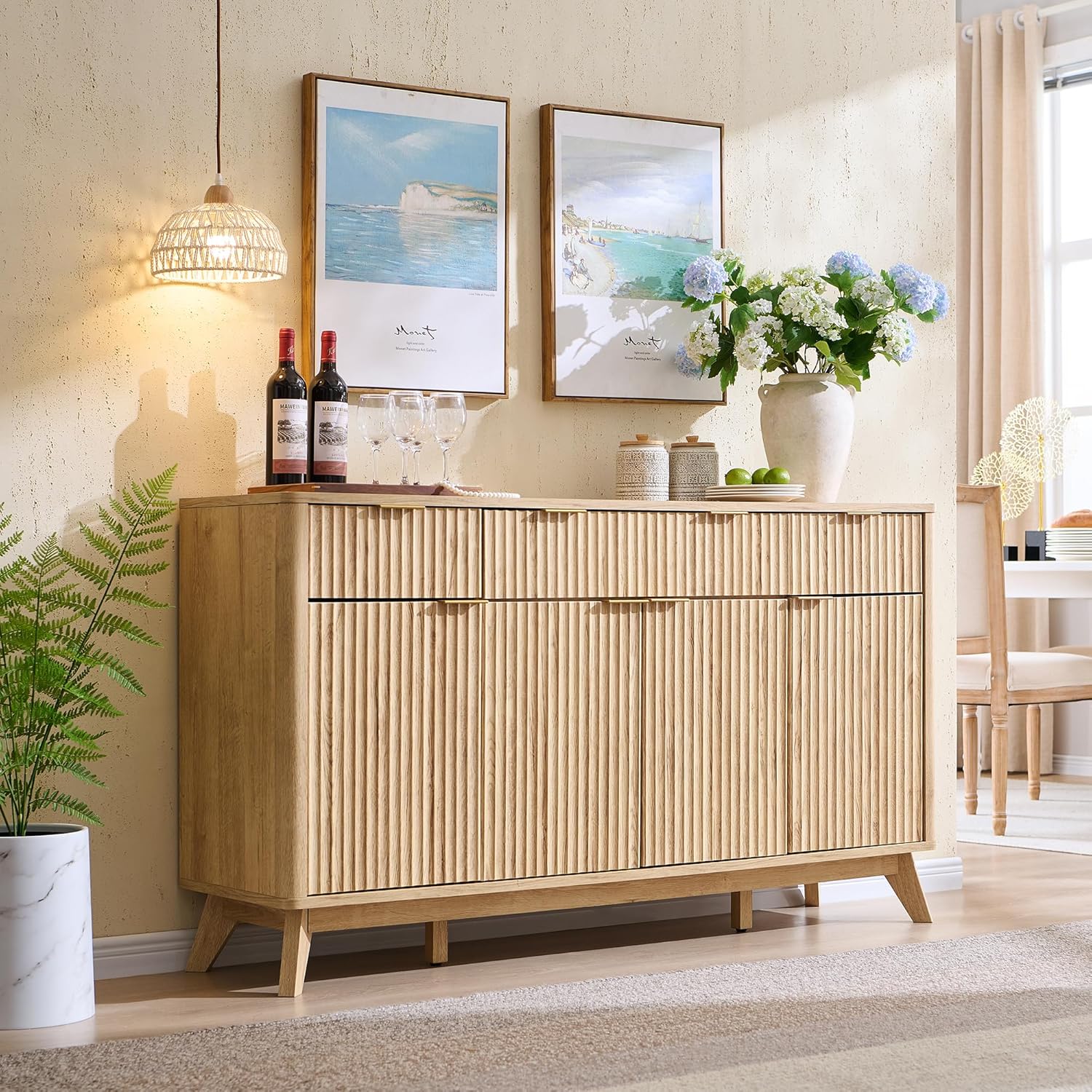 T4TREAM Large Buffet Sideboard Cabinet with Storages, 60" Fluted Modern Buffet Table Coffee Bar Wine Bar Storage Cabinet with 3 Drawers & 4 Doors for Dining Room, Living Room, Hallway(Natural Oak) | with Storages, Coffee Bar, Wine Bar, Storage Cabinet, 3