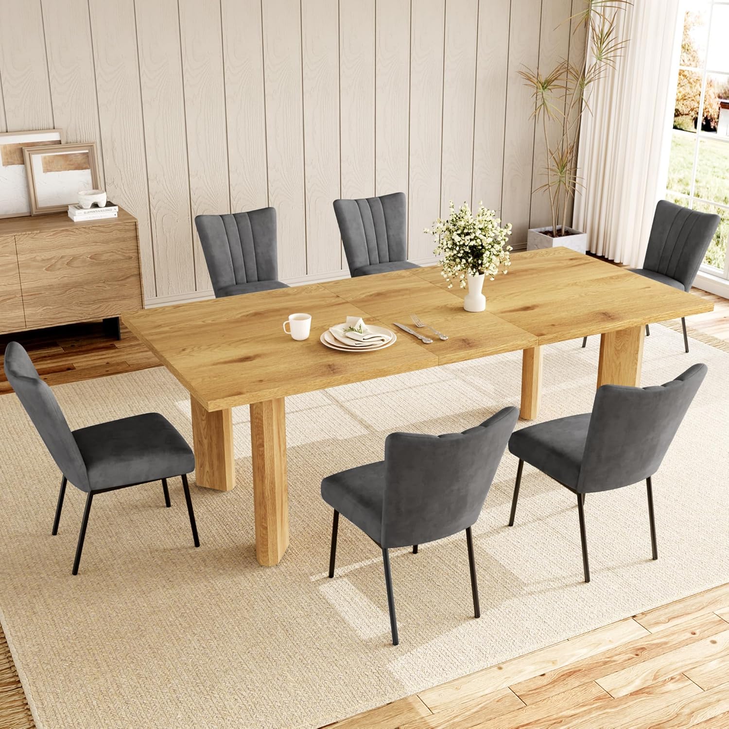 Extendable Dining Table for 6-8 People, 63 to 78.7 Inch Rectangular MDF Table, Farmhouse Rustic Style, Space-Saving Design for Dining Room, Kitchen, Meeting