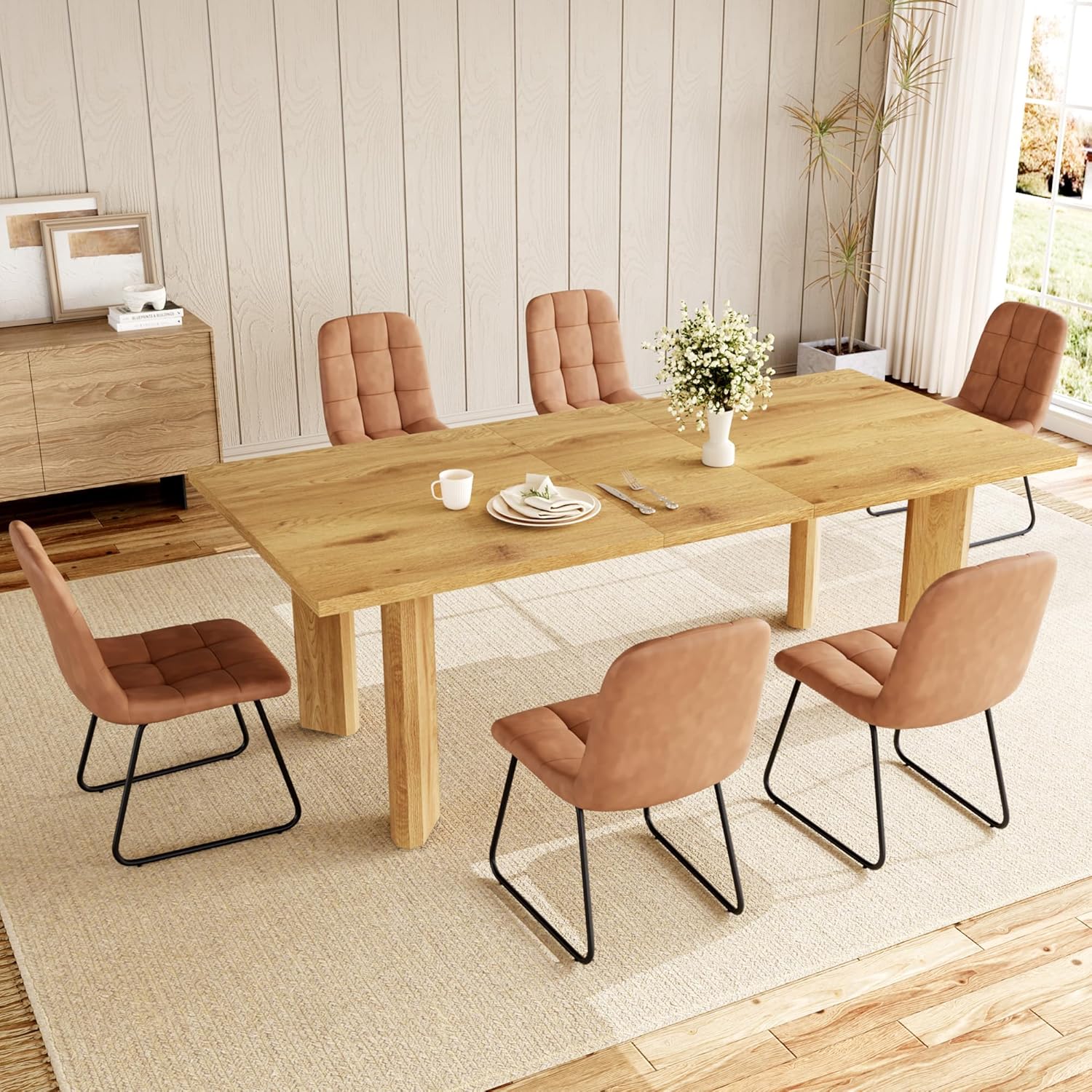 Extendable Dining Table for 6-8 People, 63 to 78.7 Inch Rectangular MDF Table, Farmhouse Rustic Style, Space-Saving Design for Dining Room, Kitchen, Meeting