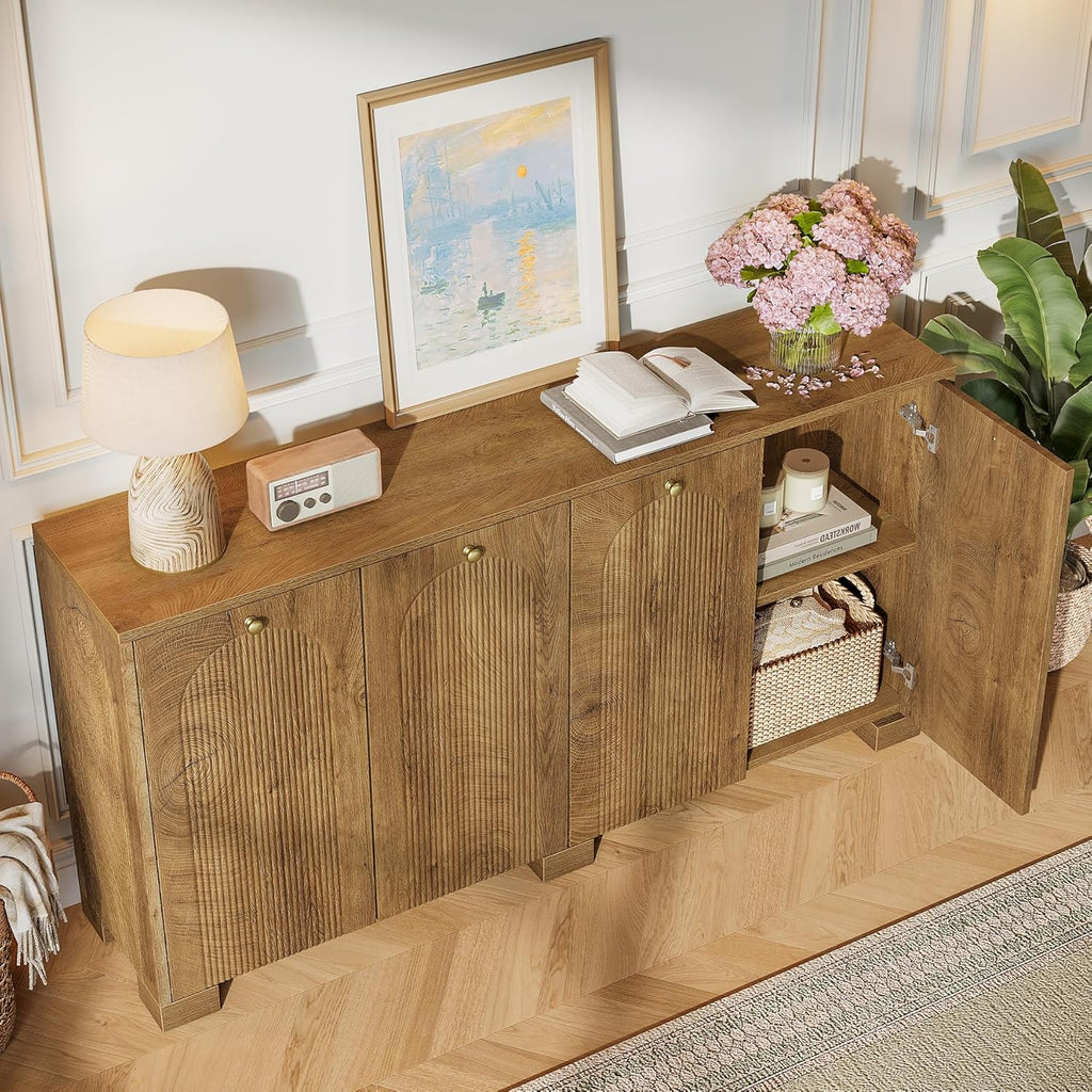 Tribesigns Sideboard Buffet Cabinet with Storage, 59" Fluted Buffet Table with 4 Arc Doors & Shelves, Farmhouse Coffee Bar Accent Storage Cabinet for Kitchen, Dining Room, Living Room, Natural Brown