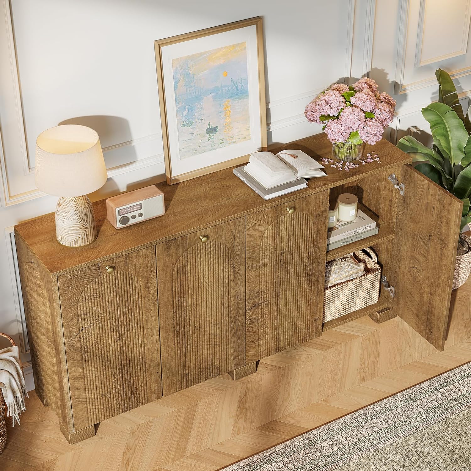 Tribesigns Sideboard Buffet Cabinet with Storage, 59" Fluted Buffet Table with 4 Arc Doors & Shelves, Farmhouse Coffee Bar Accent Storage Cabinet for Kitchen, Dining Room, Living Room, Natural Brown