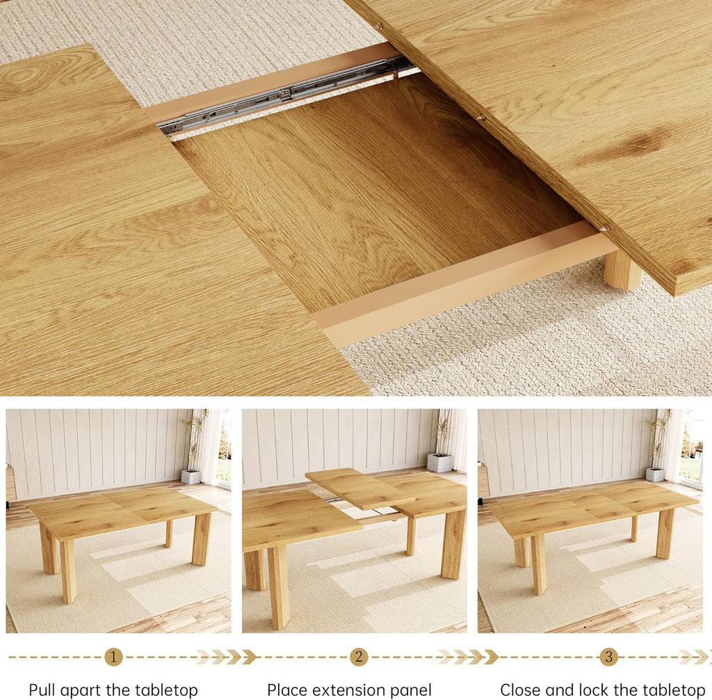 Extendable Dining Table for 6-8 People, 63 to 78.7 Inch Rectangular MDF Table, Farmhouse Rustic Style, Space-Saving Design for Dining Room, Kitchen, Meeting
