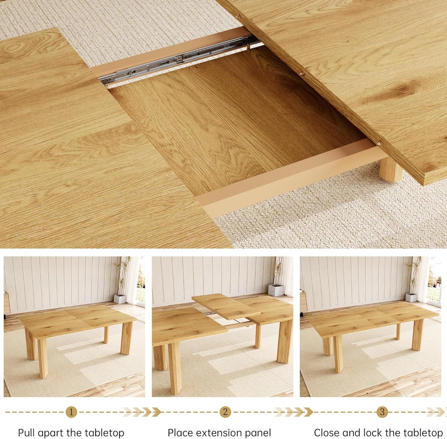 Extendable Dining Table for 6-8 People, 63 to 78.7 Inch Rectangular MDF Table, Farmhouse Rustic Style, Space-Saving Design for Dining Room, Kitchen, Meeting