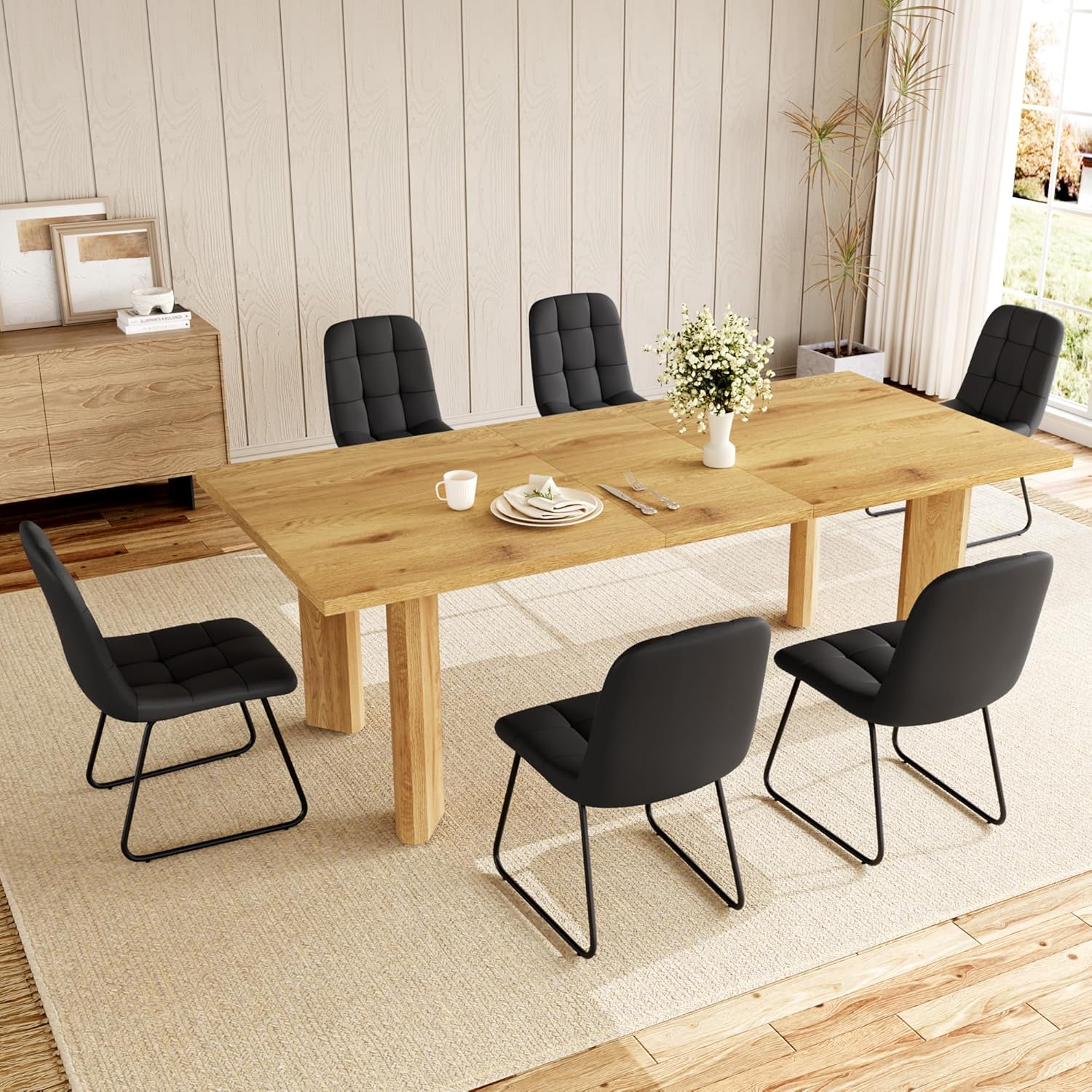 Extendable Dining Table for 6-8 People, 63 to 78.7 Inch Rectangular MDF Table, Farmhouse Rustic Style, Space-Saving Design for Dining Room, Kitchen, Meeting