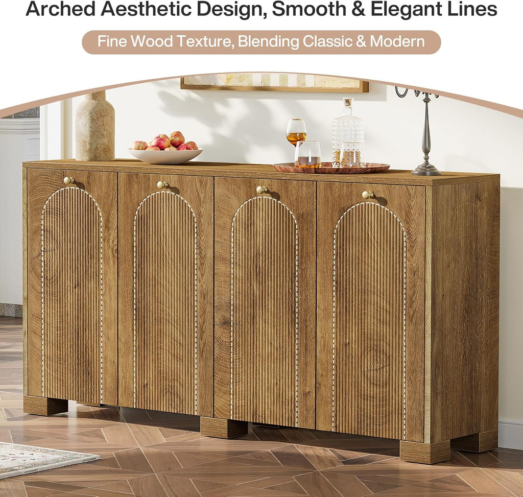 Tribesigns Sideboard Buffet Cabinet with Storage, 59" Fluted Buffet Table with 4 Arc Doors & Shelves, Farmhouse Coffee Bar Accent Storage Cabinet for Kitchen, Dining Room, Living Room, Natural Brown