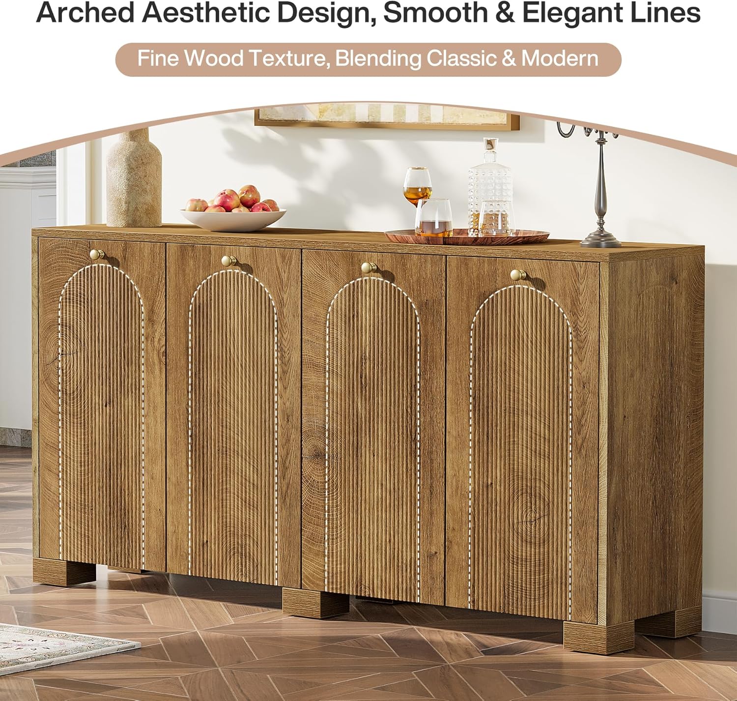 Tribesigns Sideboard Buffet Cabinet with Storage, 59" Fluted Buffet Table with 4 Arc Doors & Shelves, Farmhouse Coffee Bar Accent Storage Cabinet for Kitchen, Dining Room, Living Room, Natural Brown
