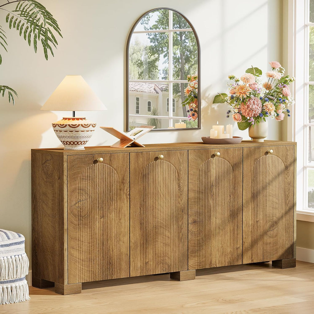 Tribesigns Sideboard Buffet Cabinet with Storage, 59" Fluted Buffet Table with 4 Arc Doors & Shelves, Farmhouse Coffee Bar Accent Storage Cabinet for Kitchen, Dining Room, Living Room, Natural Brown
