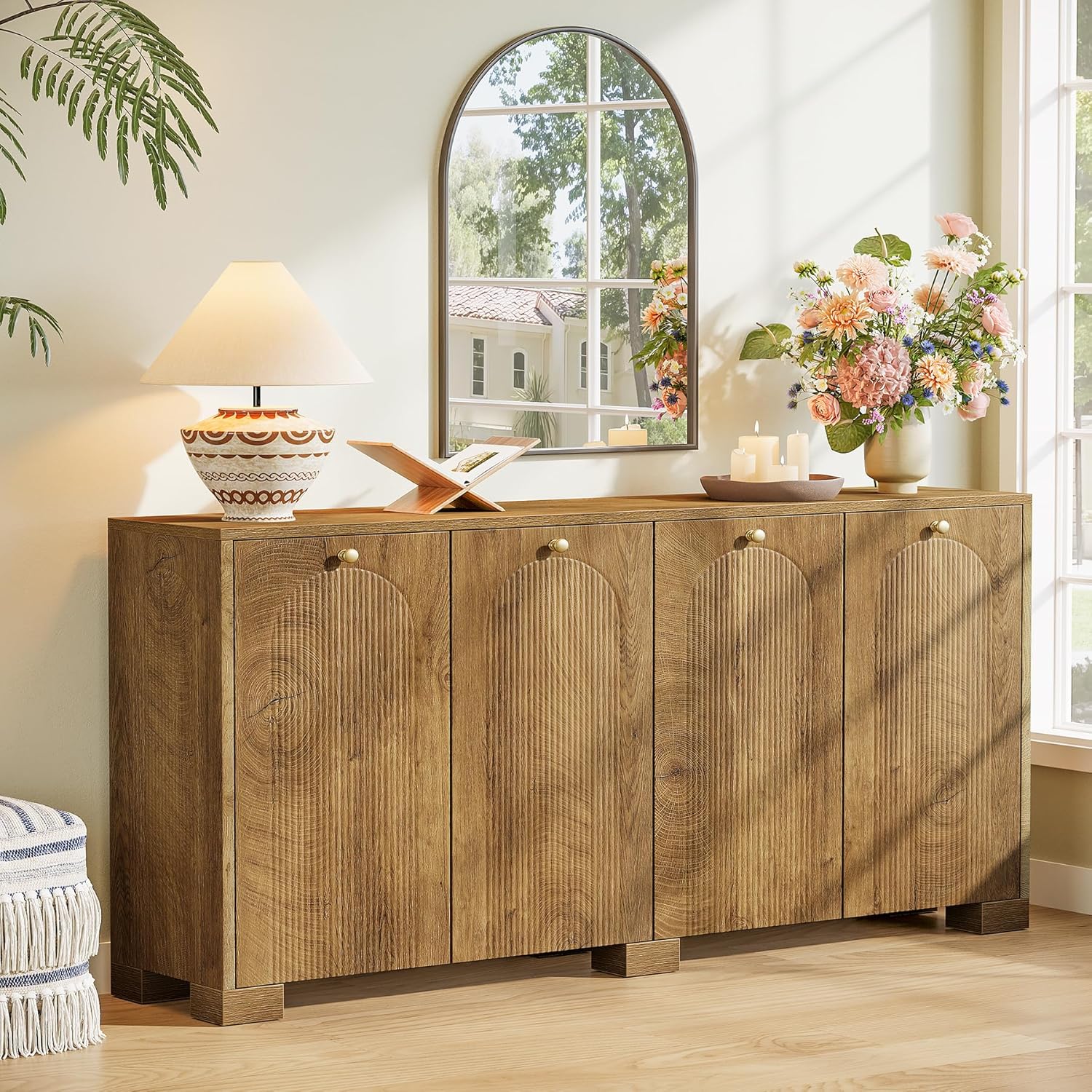 Tribesigns Sideboard Buffet Cabinet with Storage, 59" Fluted Buffet Table with 4 Arc Doors & Shelves, Farmhouse Coffee Bar Accent Storage Cabinet for Kitchen, Dining Room, Living Room, Natural Brown